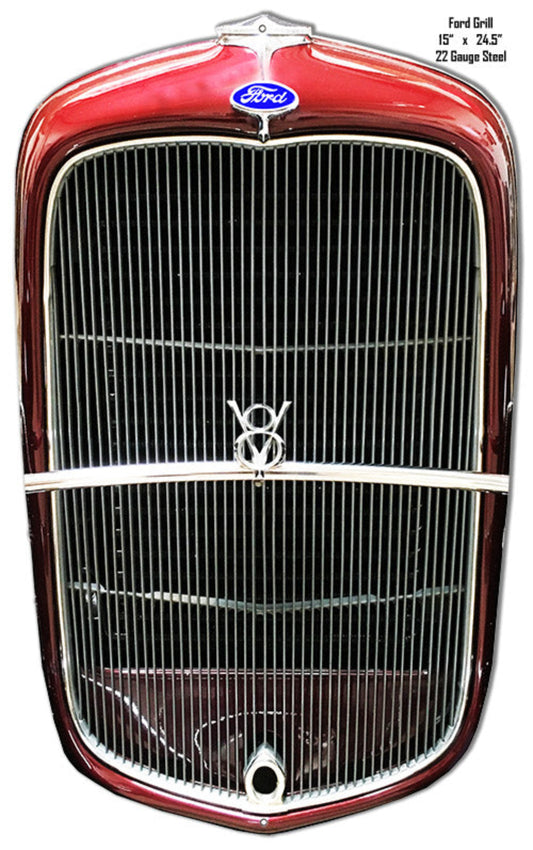 "1932 Ford Grill Laser Cut-Out Hot Rod Sign in Blue Blood Red, showcasing intricate detailing and classic design. - Laser Cut Out