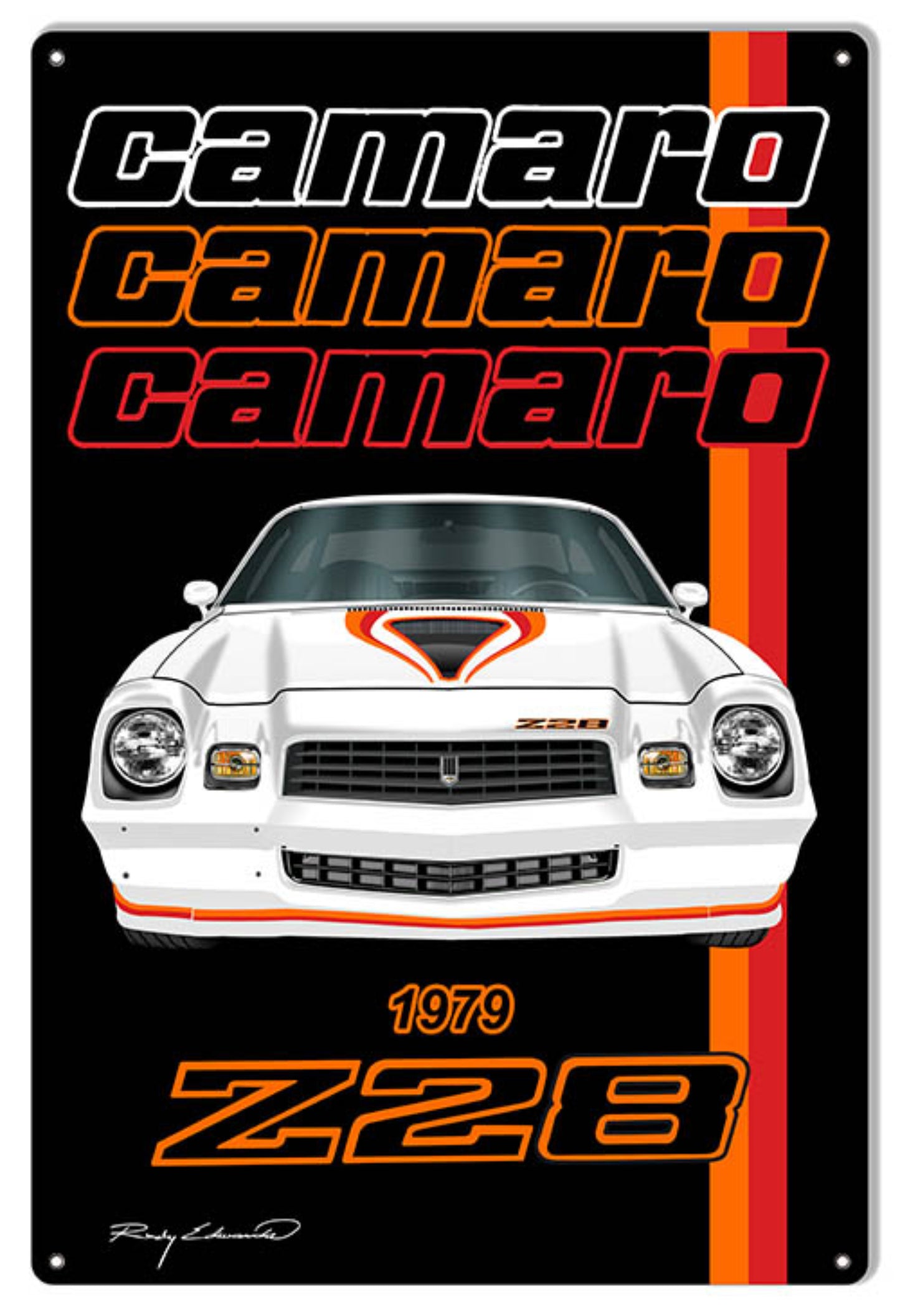1979 Chevrolet Camaro Z28 Series metal sign by Rudy Edwards featuring classic black Z28 artwork with red, orange, and yellow factory graphics. Available in 12"W × 18"H, 16"W × 24"H, and 18"W × 30"H. Made in the USA.