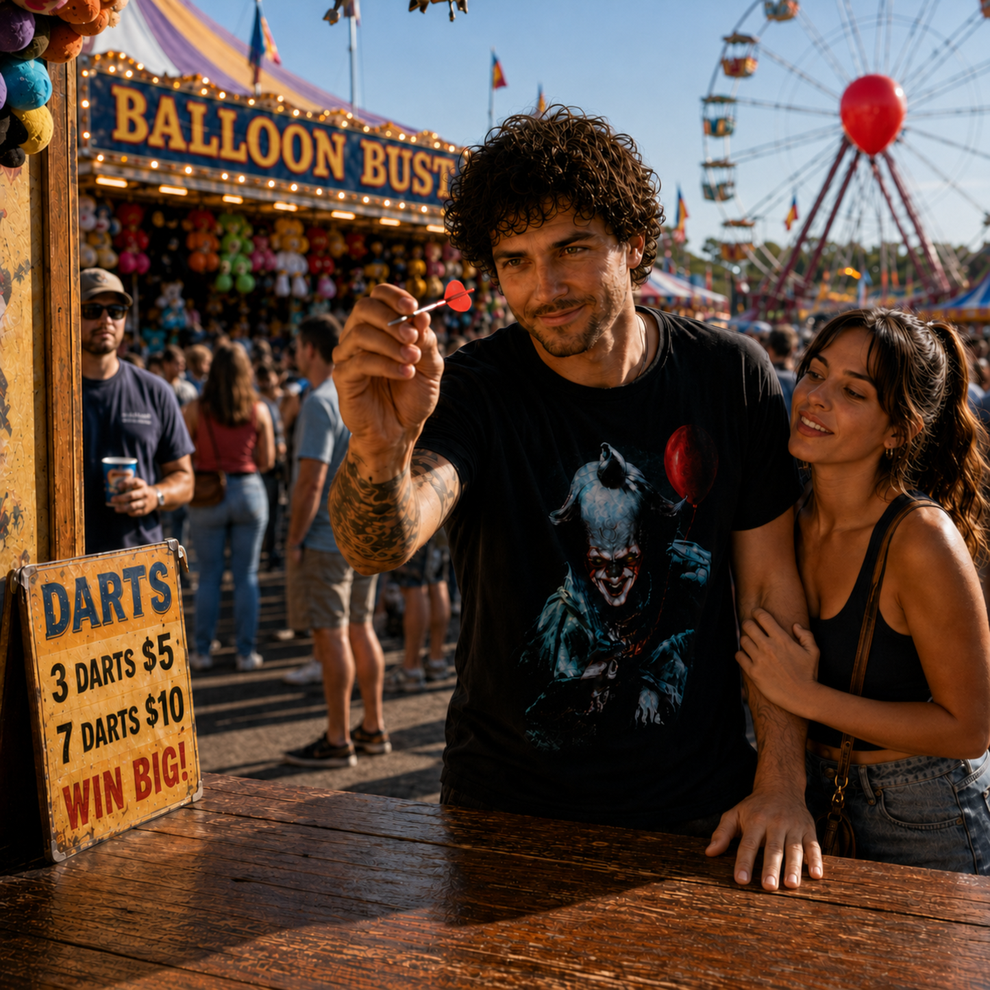 2017 Pennywise IT black horror graphic T-shirt worn at a carnival, with the Pennywise and red balloon design creating the perfect setting for this horror tee.