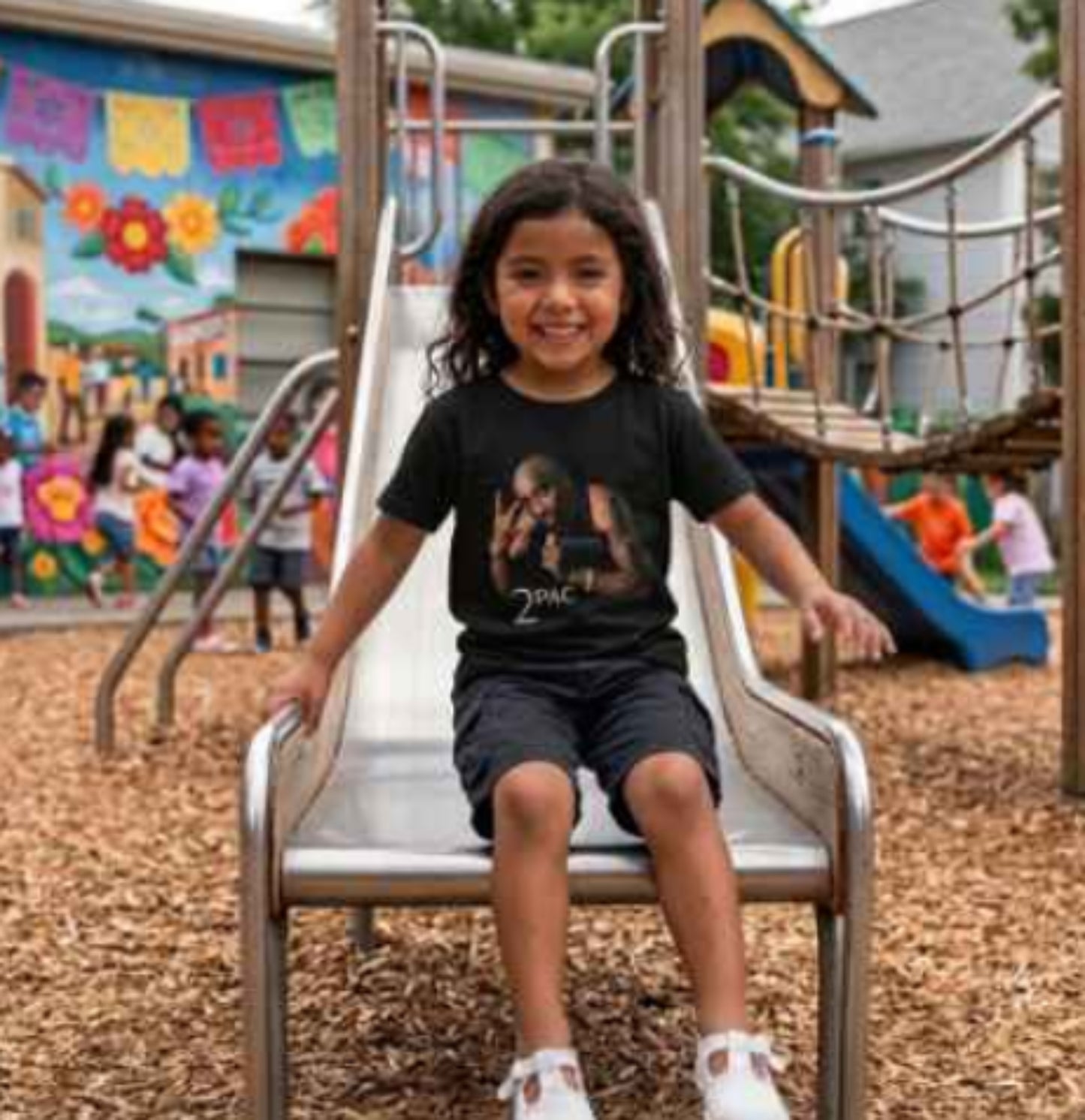 Girl wearing the 2Pac – All Eyez on Me youth T-shirt at an outdoor playground
