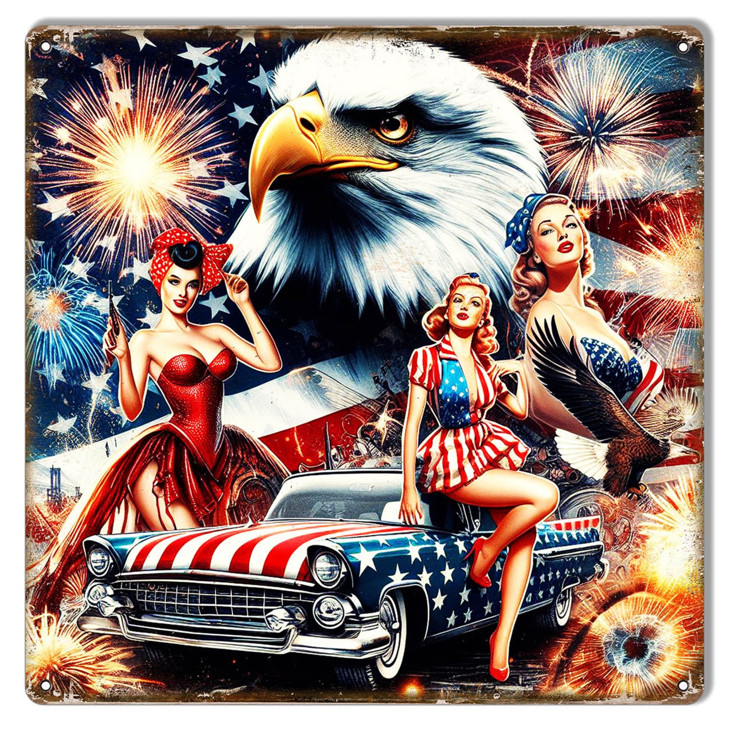4th of July metal sign featuring a bald eagle, fireworks, and a 1950s American car in patriotic red, white, and blue vintage artwork.