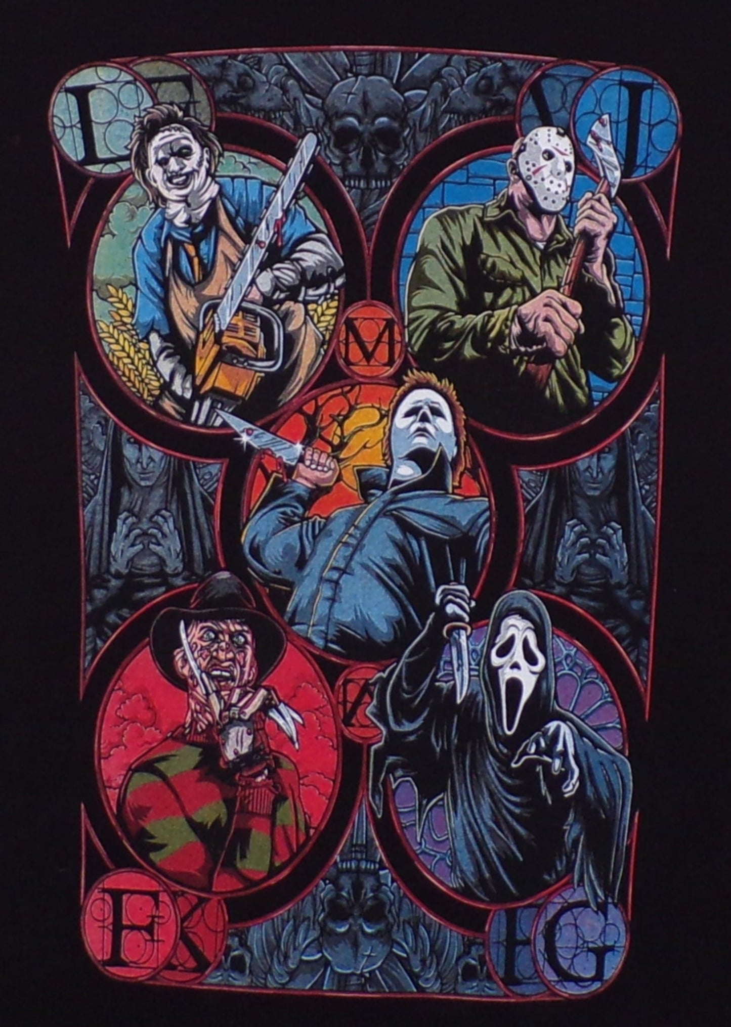 T-shirt featuring the "Horror 5 Guy Slasher Team" design, showcasing Michael Myers, Leatherface, Jason Voorhees, Ghostface, and Freddy Krueger in a fun, mashup style. The unisex shirt is made from soft 100% cotton, with a relaxed fit and durable, preshrunk fabric. Available in sizes Small-2XL.