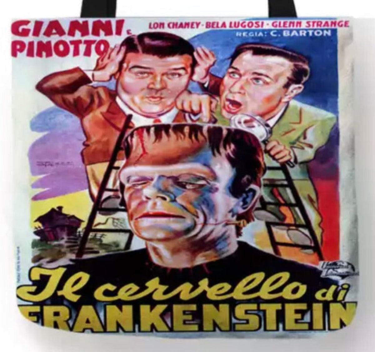 Close-up of Abbott and Costello Meet Frankenstein Italian theatrical artwork featuring the comedy duo, Frankenstein's Monster, colorful character illustrations, and Il cervello di Frankenstein title lettering.