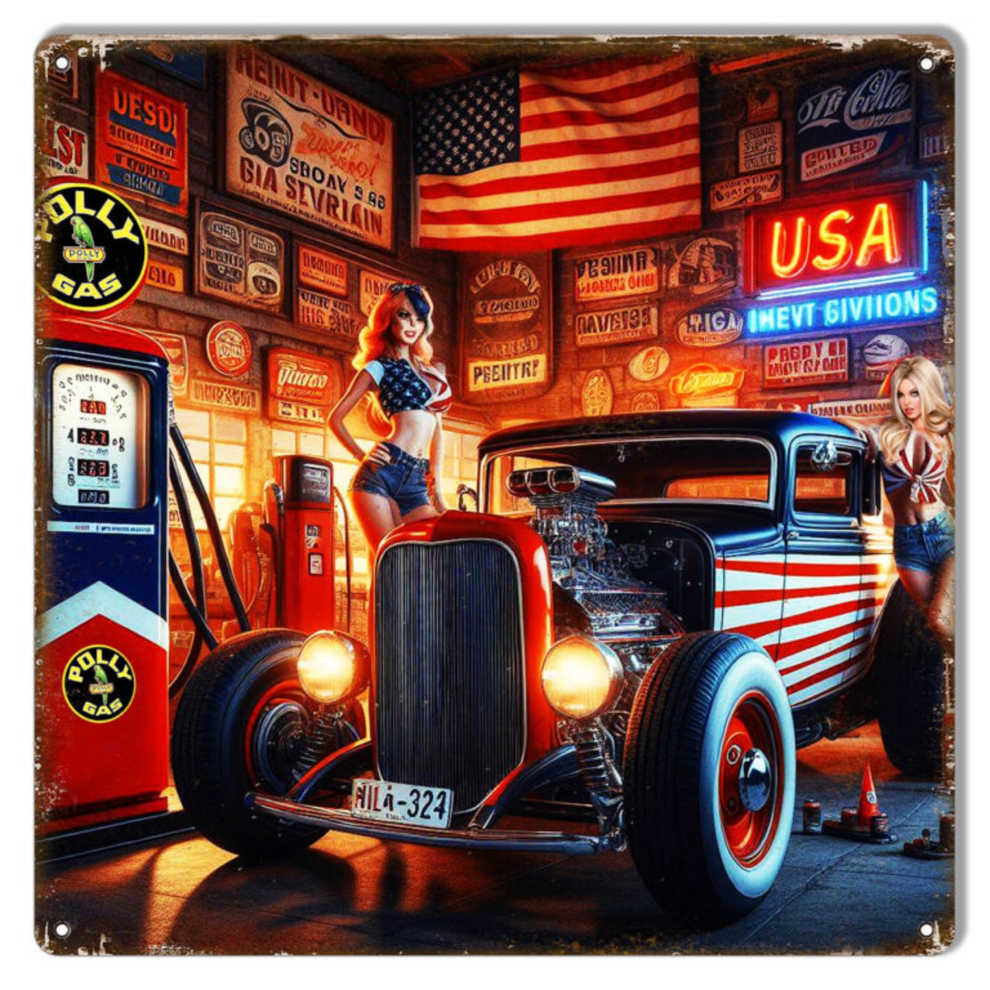 Americana Hot Rod Garage aluminum metal sign featuring a bright red 1932 Deuce Coupe with a chrome blower, vintage gas pumps, classic garage signs, an American flag, and rockabilly pin-up models.