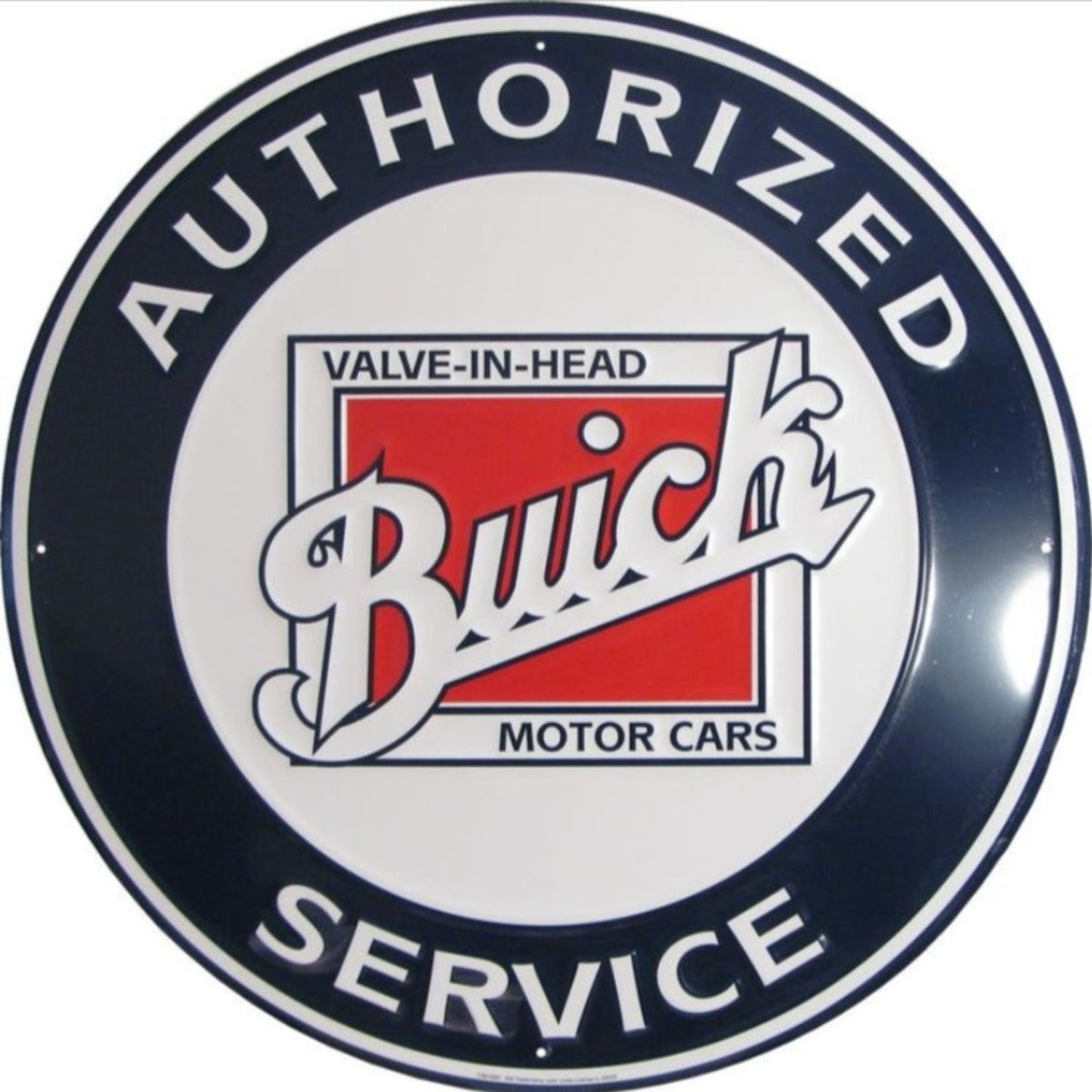 Authorized Buick Service embossed round aluminum sign featuring classic Buick Motor Car branding, available in 12 inch and 24 inch diameter, ideal for garage décor.