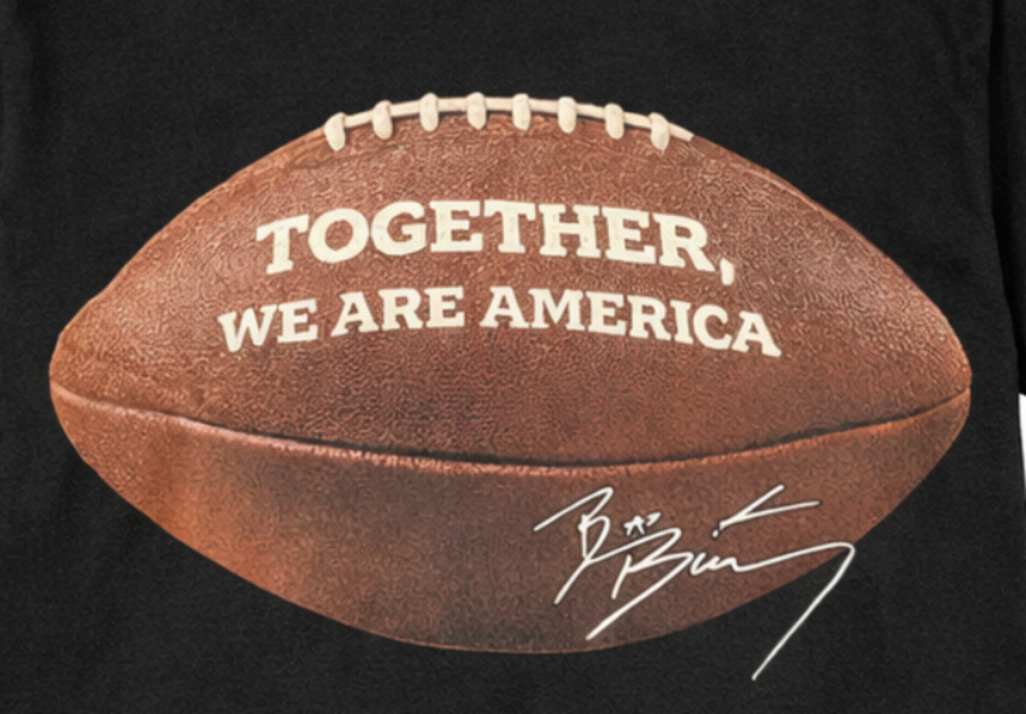 Front view of Bad Bunny Together We Are America T-shirt featuring football graphic with quote and artist signature printed in authentic silkscreen on black cotton tee.