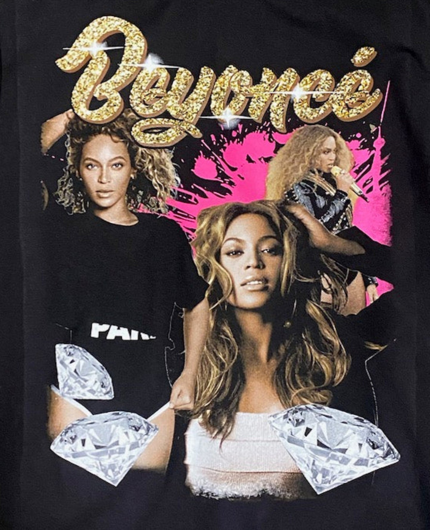 Black “Beyoncé – Diamonds Era” T-shirt featuring gold logo, diamond artwork, and collage of Beyoncé images.