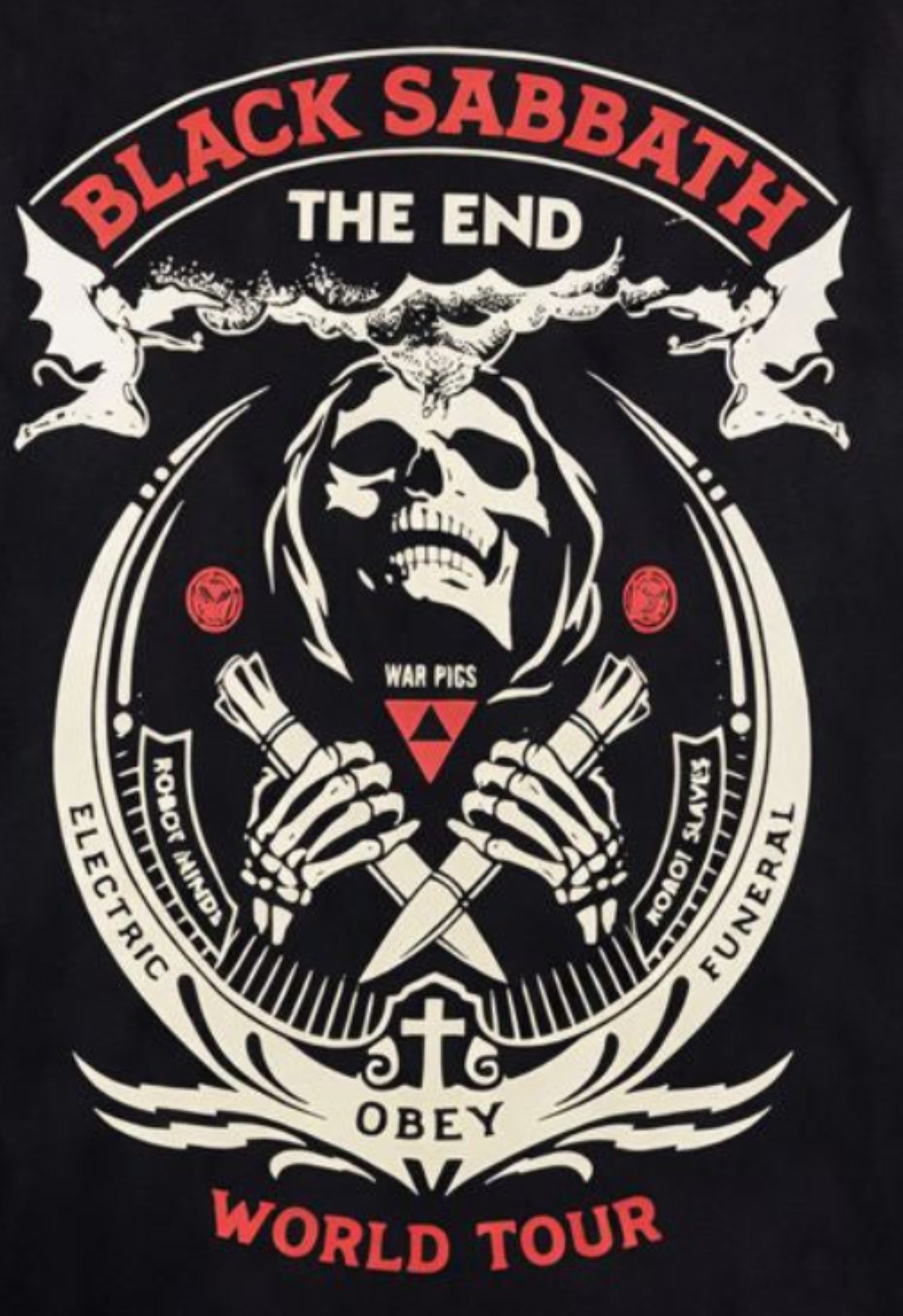 Black “Black Sabbath – The End World Tour” T-shirt with red and cream graphic design featuring skull, wings, and gothic lettering.