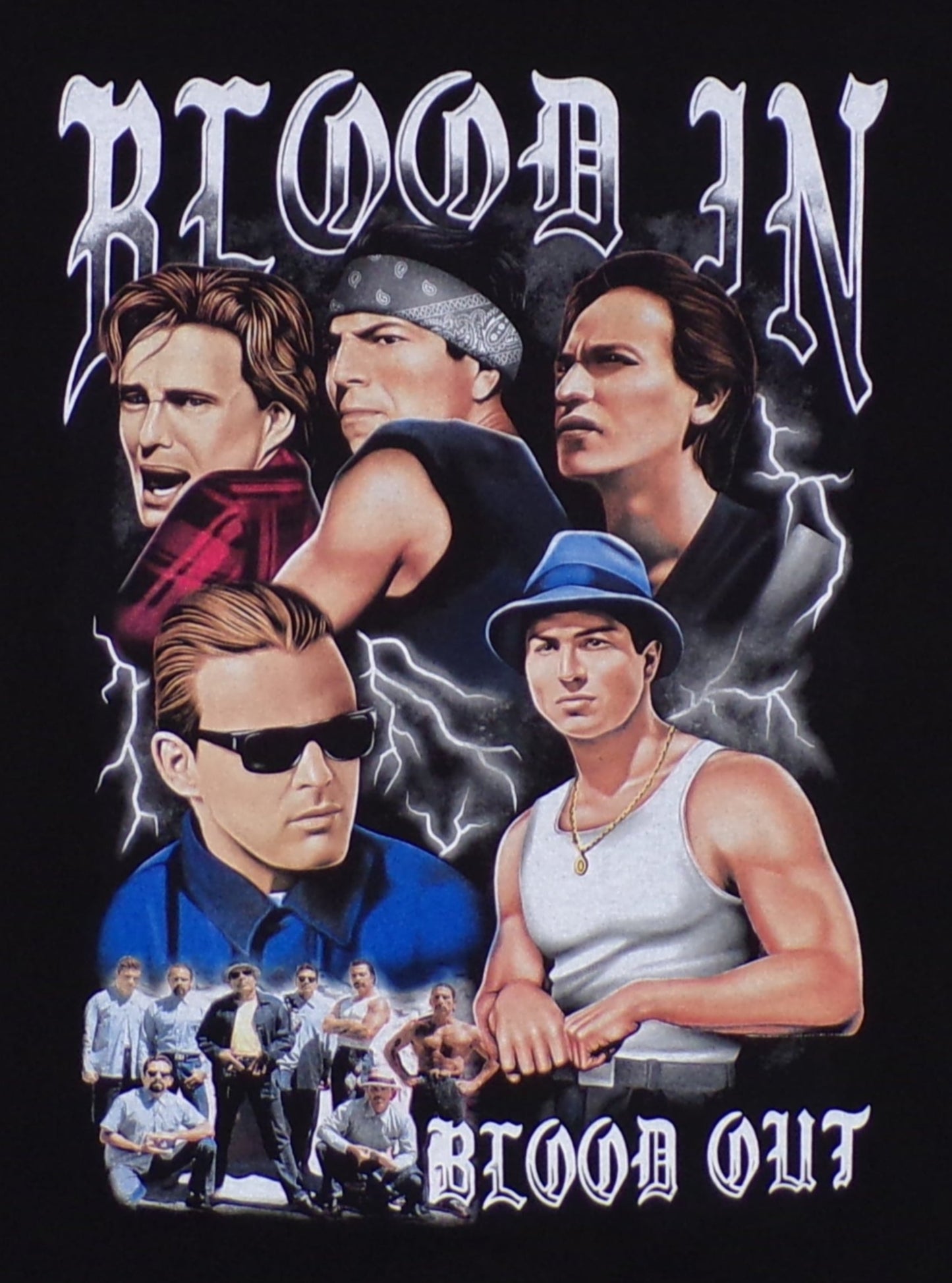 Black “Blood In Blood Out” T-shirt featuring movie poster artwork with Miklo, Cruz, and Paco in detailed silkscreen print.