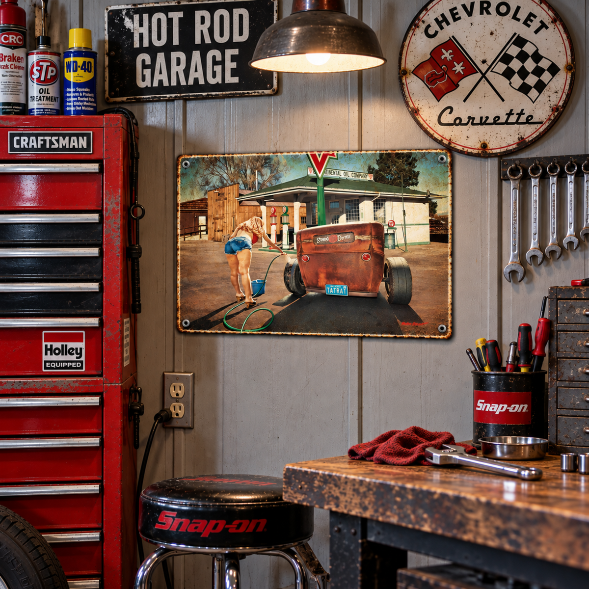 Bob Kramer Rat Rod Car Wash metal sign displayed above a red tool chest in a hot-rod garage with automotive memorabilia and workshop décor.