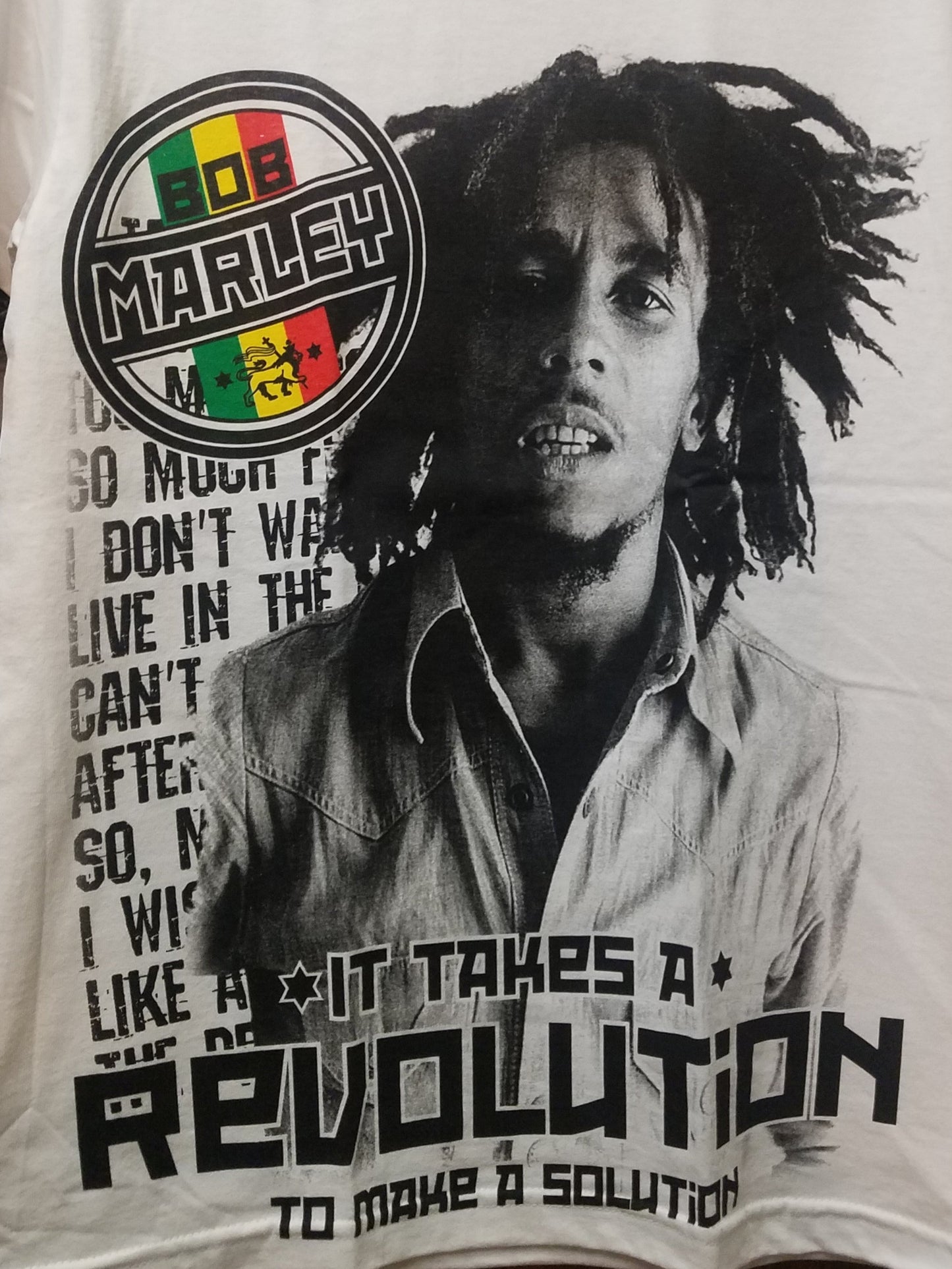 bob marley it takes revolution to make-a-solution-adult-silkscreen t-shirt available from small 2xl unisex apparel music reggae adult 420 shirts tops