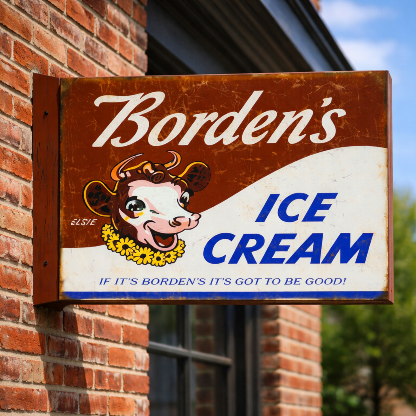 Borden’s Ice Cream vintage double-sided flange metal sign 12"H × 18"W featuring Elsie the Cow mounted on brick wall exterior