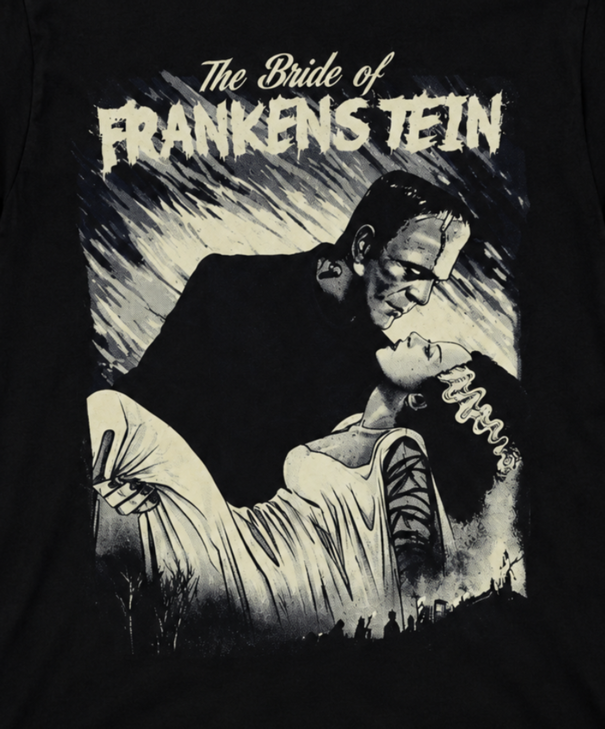 Close-up of Bride of Frankenstein Kissing artwork featuring the Bride’s lightning-streaked hair and Frankenstein’s Monster in a vintage horror kiss scene.