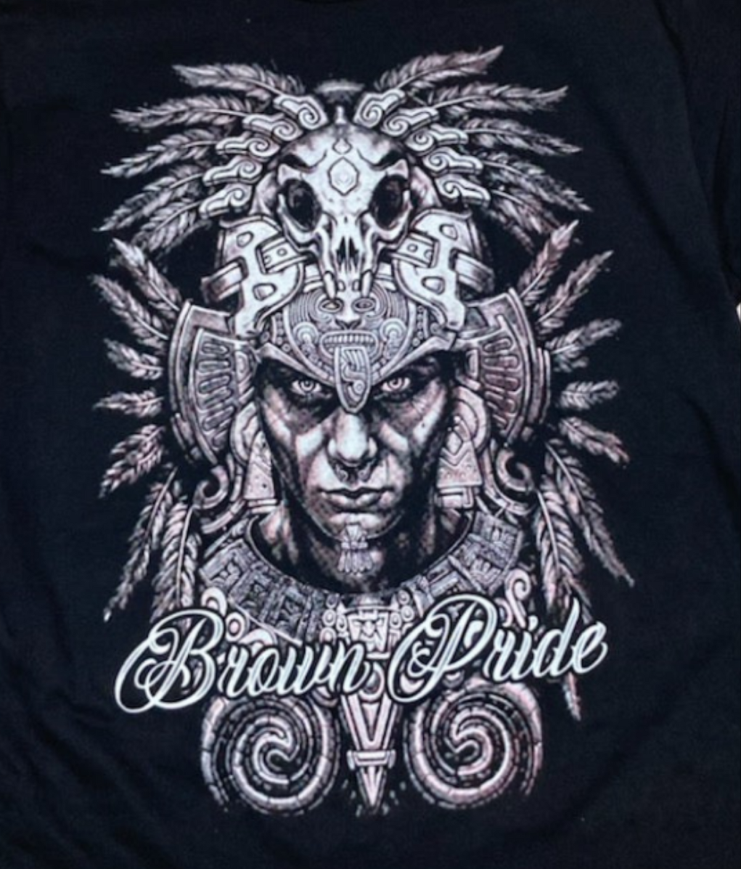 "Brown Pride" Adult Unisex Silkscreen T-Shirt featuring an intricate Aztec warrior design on a black background. Available in sizes Small-2XL.