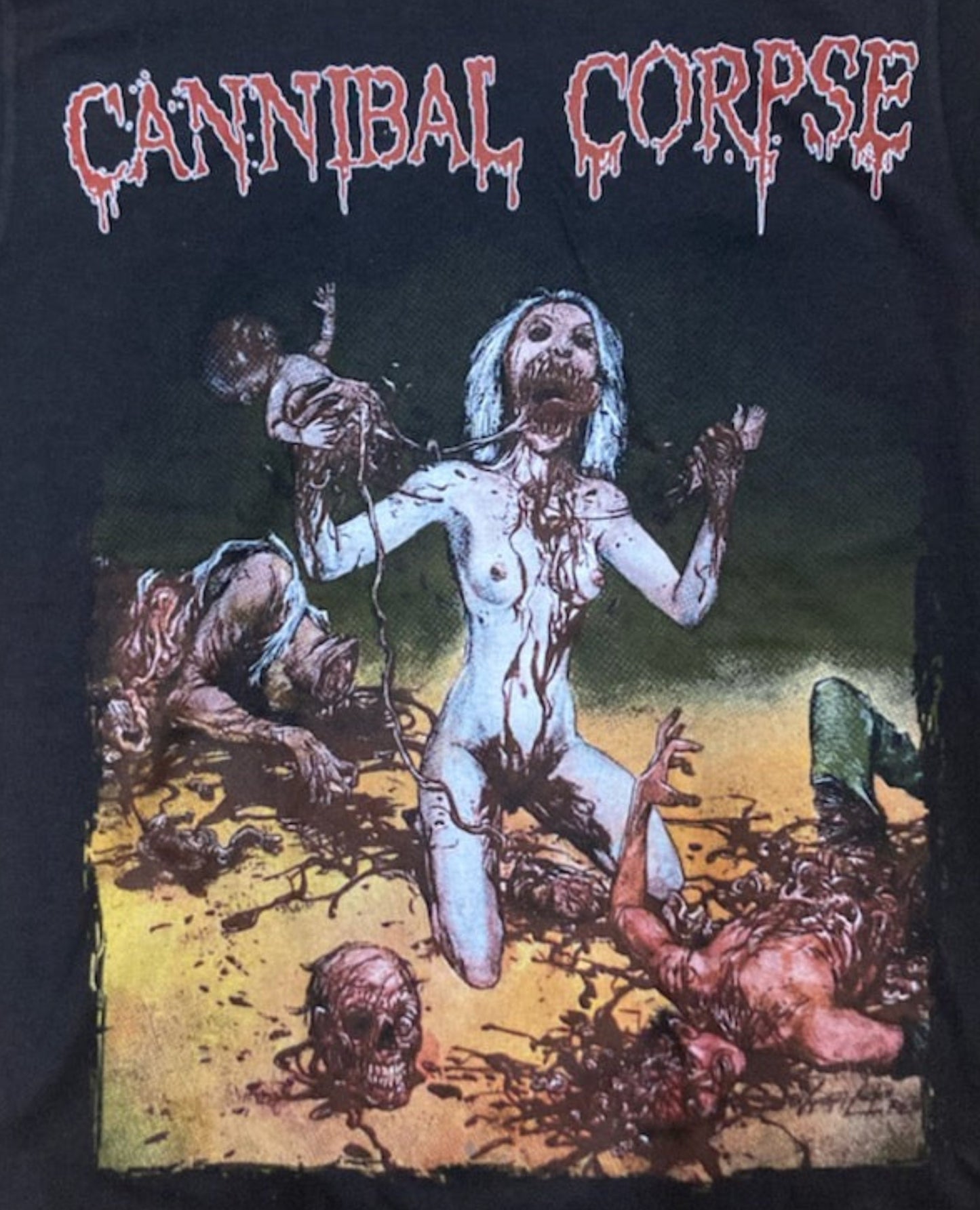 Black “Cannibal Corpse – Butchered at Birth” T-shirt featuring vivid horror-style album artwork in a detailed silkscreen design.