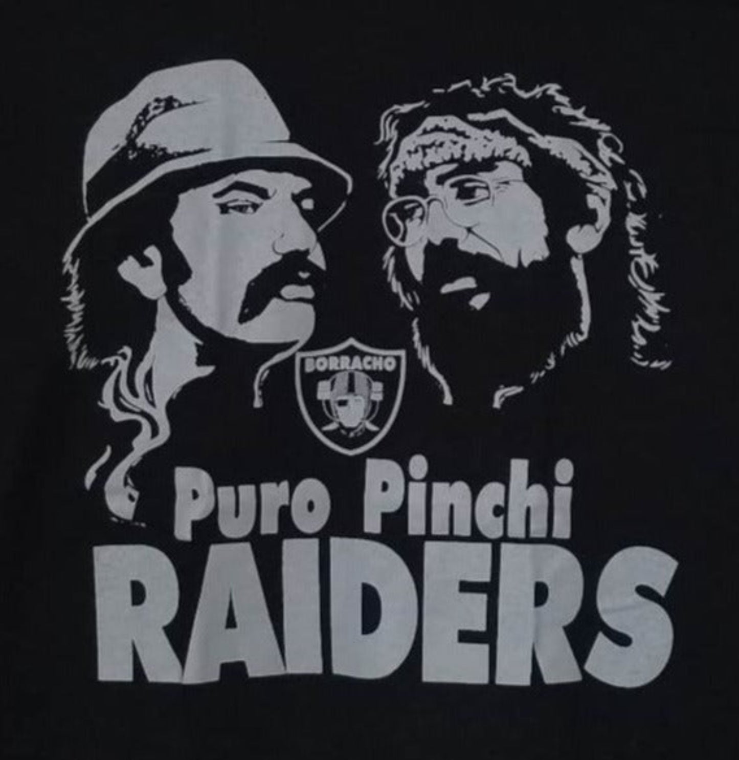 Front view of Cheech and Chong Puro Pinchi Raiders graphic T-shirt featuring black-and-white portrait design with bold lettering printed in authentic silkscreen on black cotton tee
