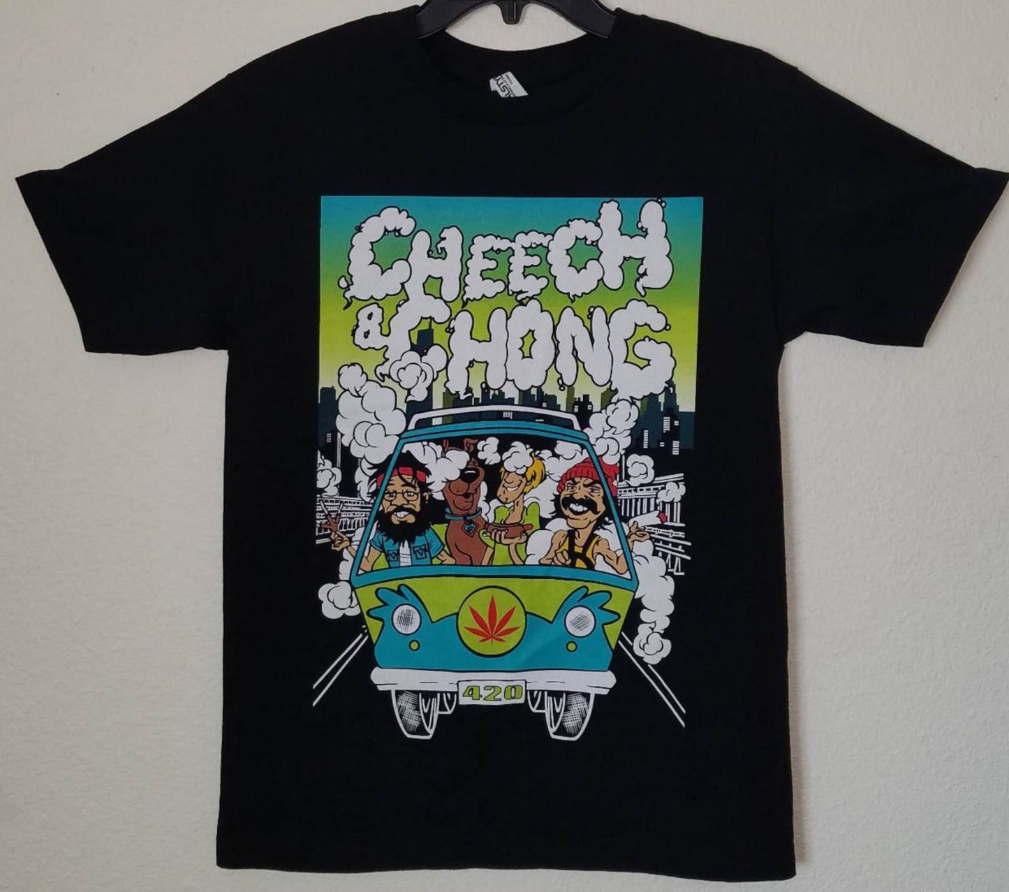 Cheech & Chong - Scooby Doo & Shaggy Mystery Machine Unisex T-shirt featuring the iconic stoner duo with a playful design inspired by the classic Scooby-Doo characters and the Mystery Machine.