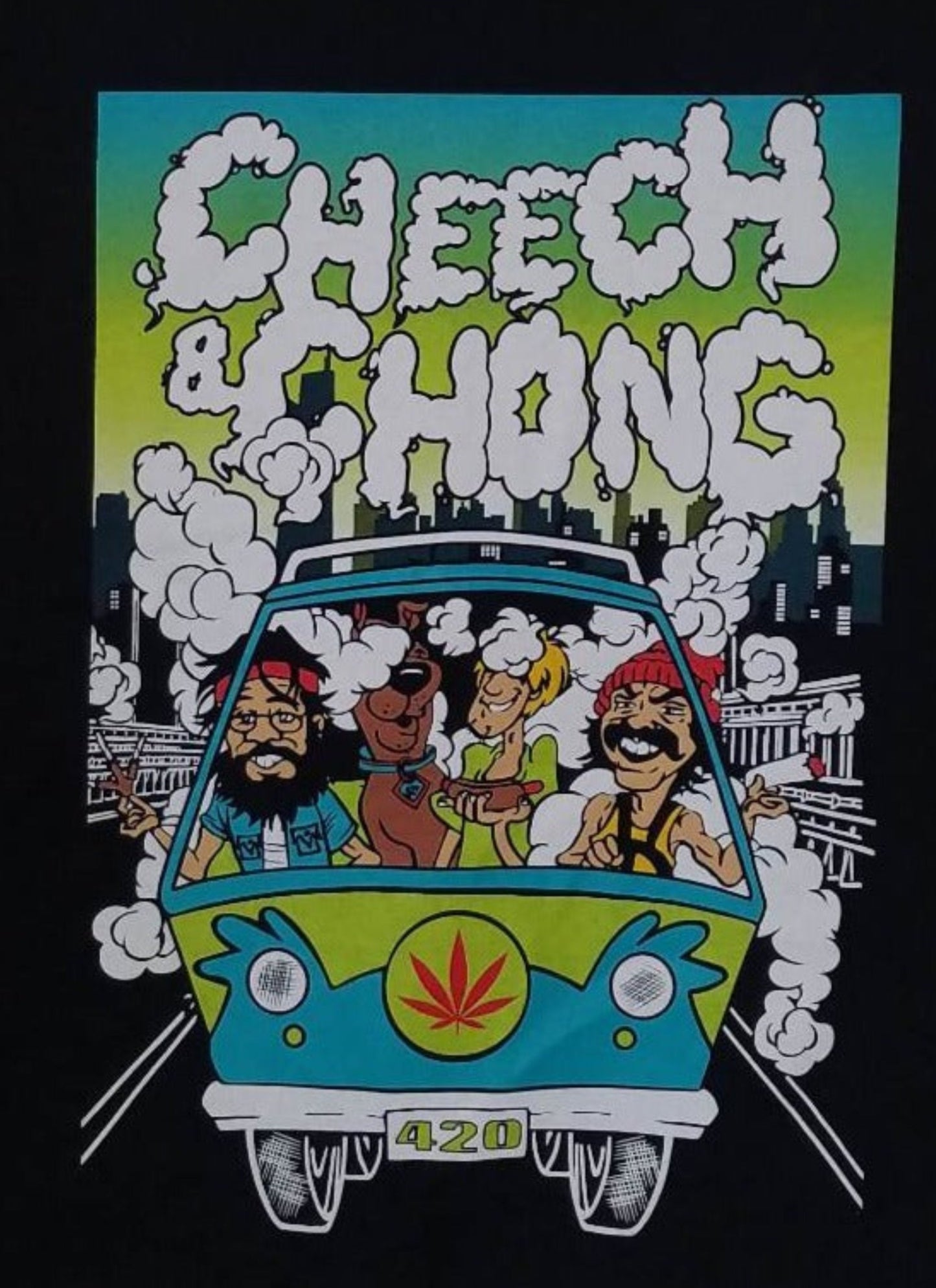 Cheech & Chong - Scooby Doo & Shaggy Mystery Machine Unisex T-shirt featuring the iconic stoner duo with a playful design inspired by the classic Scooby-Doo characters and the Mystery Machine.