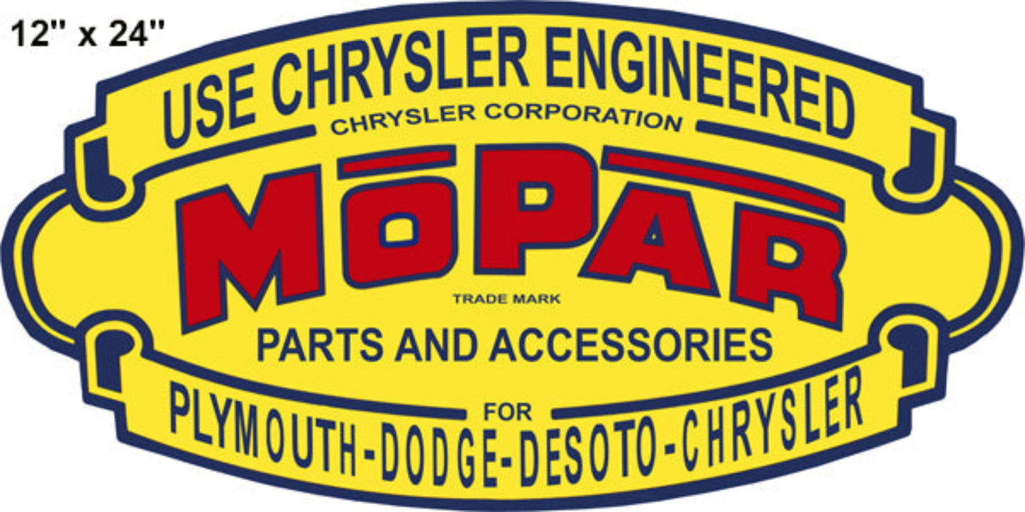 Laser-cut metal wall sign featuring the classic Chrysler Mopar Parts and Accessories design in yellow, red, and navy, made from 22-gauge steel.
