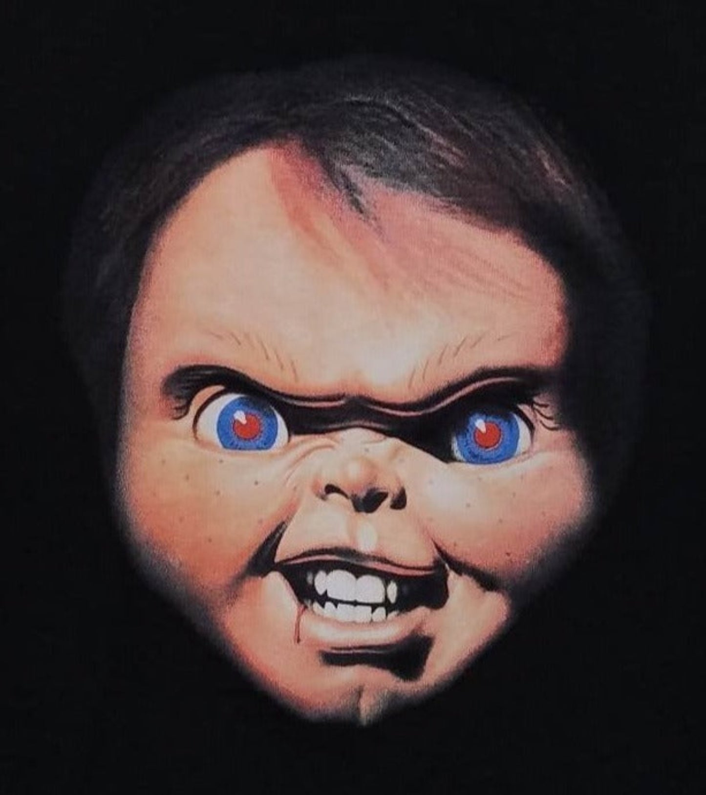 chuckys face up close adult horror silkscreen t-shirt available from small-3xl horror unisex apparel shirts tops adult movies