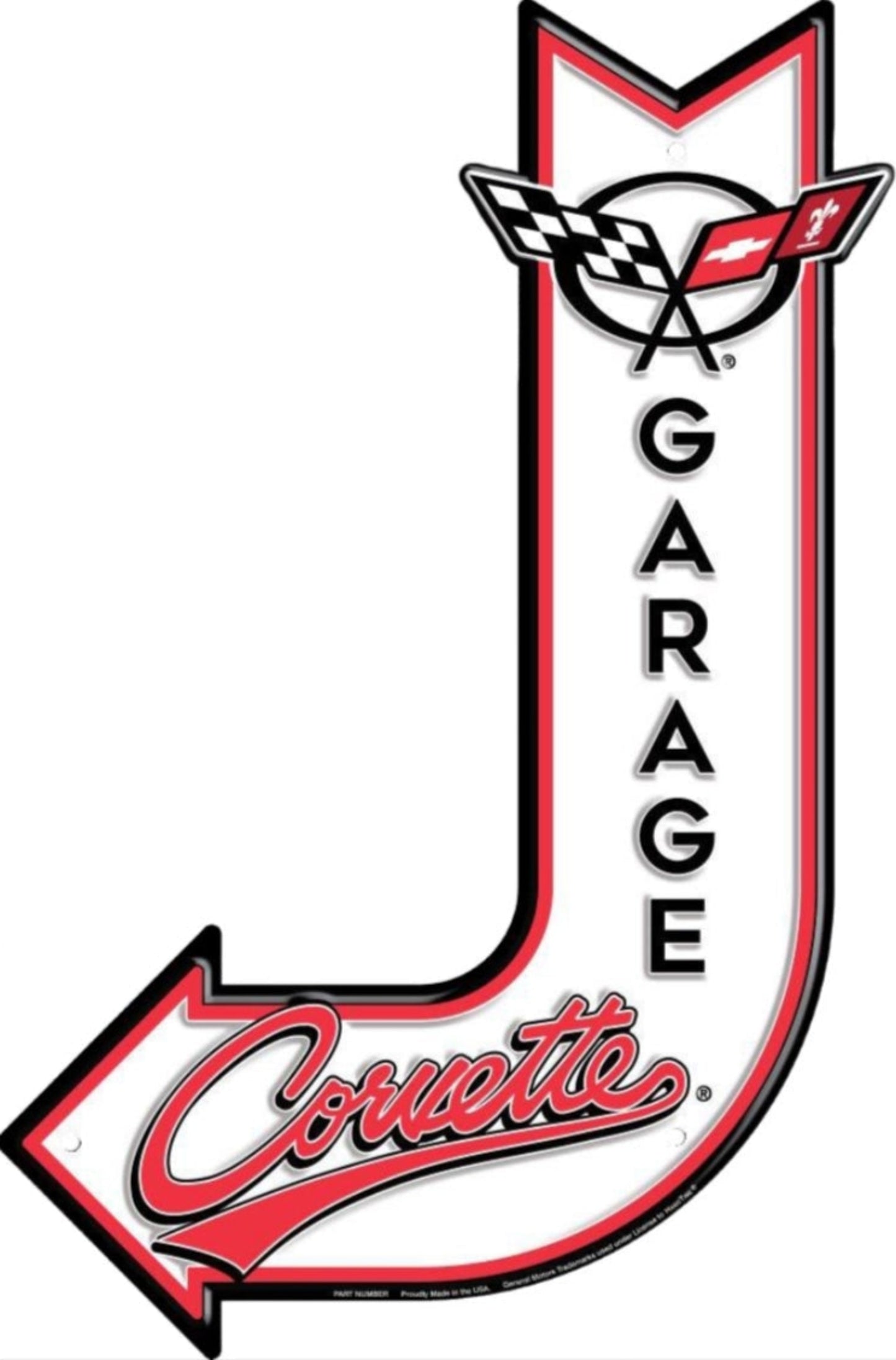 Corvette Garage bent arrow embossed aluminum sign featuring the Corvette crossed flags emblem, 17.5 inch by 11.5 inch.