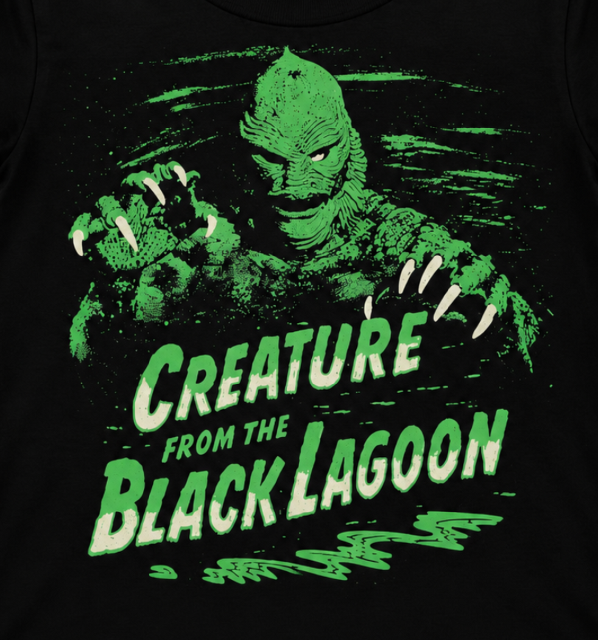 Creature from the Black Lagoon green Gill-man silkscreen artwork featured on the youth T-shirt