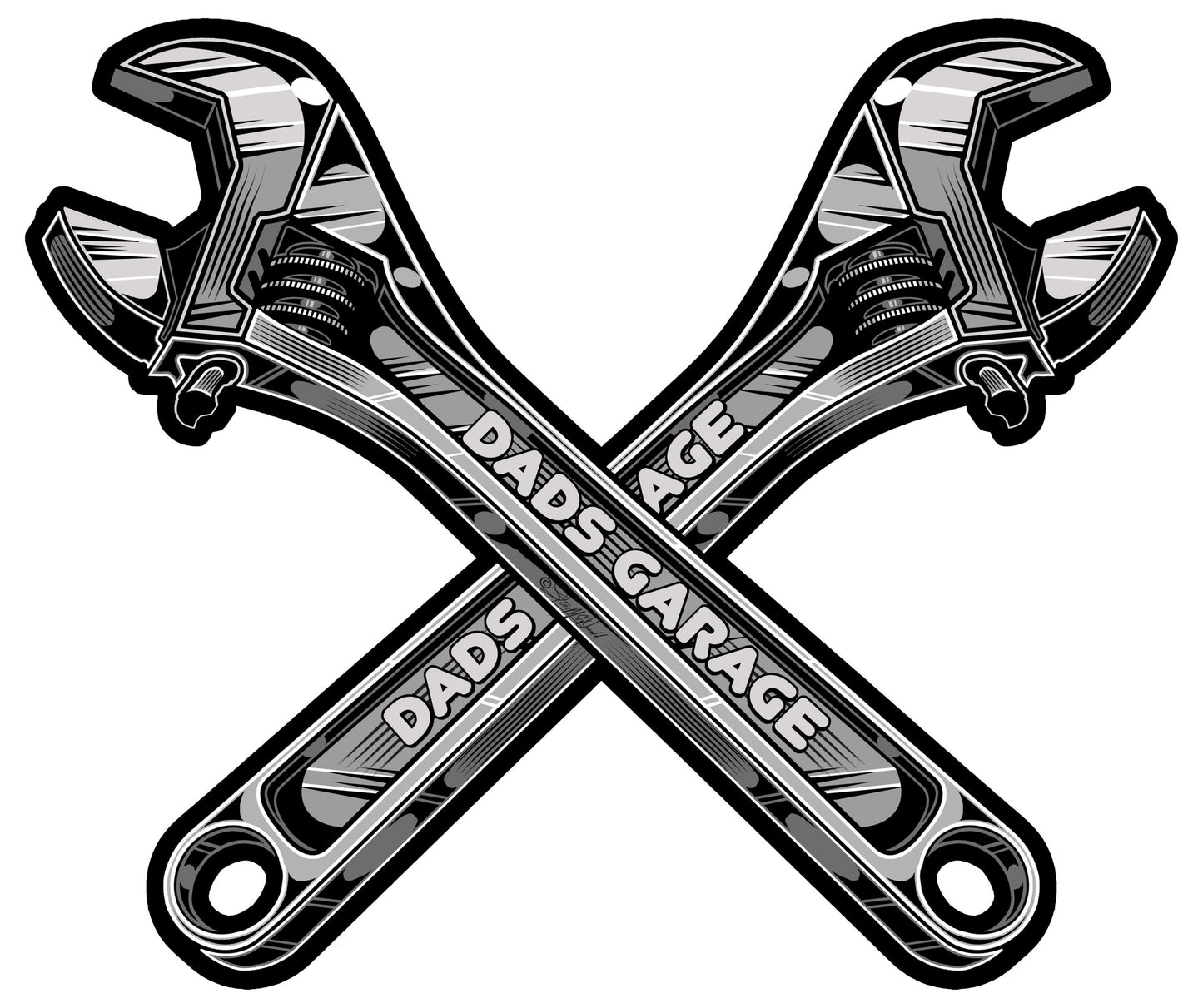 Dad’s Garage Crossed Wrench sign by Steve McDonald featuring mechanic garage artwork, 17.5″H × 14.5″W