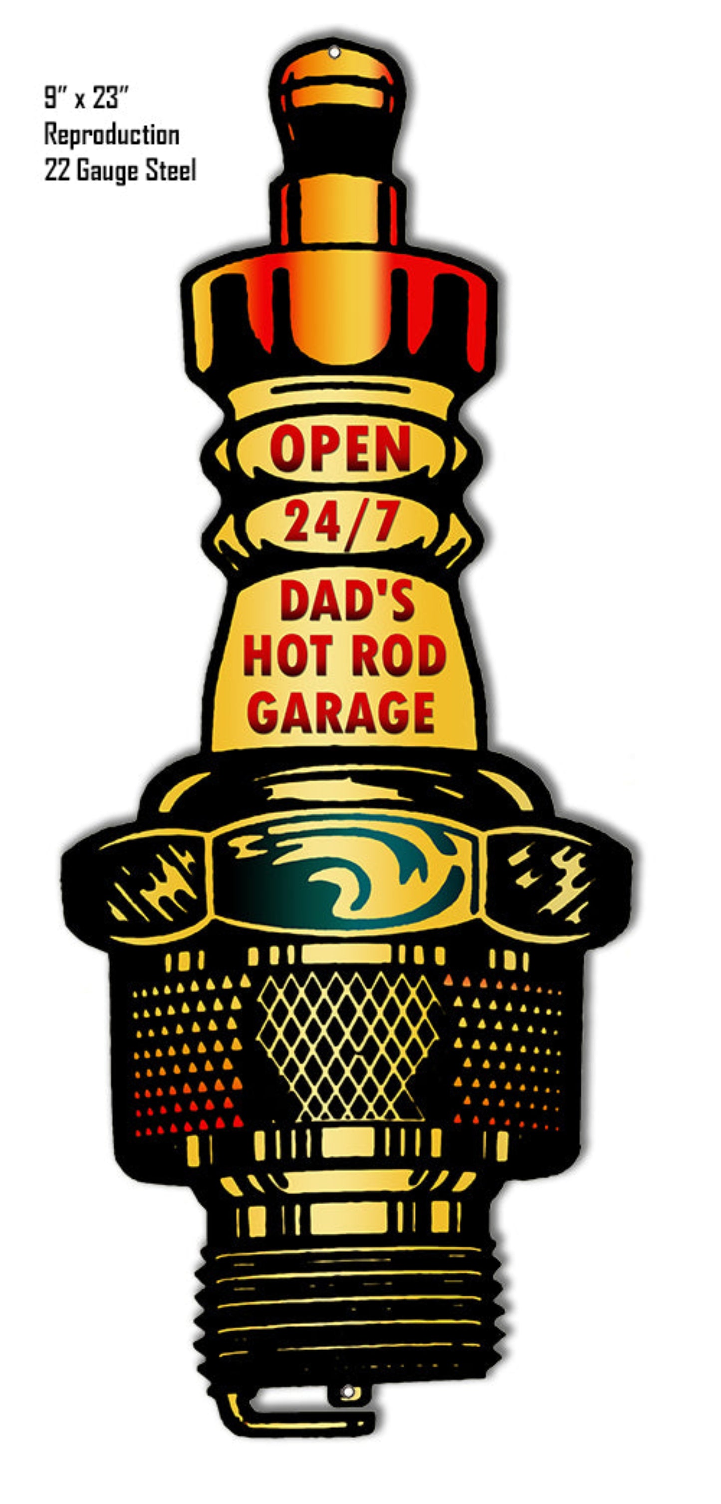 Dad’s Garage Open 24/7 spark plug laser cut sign featuring vintage hot rod garage artwork, 23″H × 9″W steel.