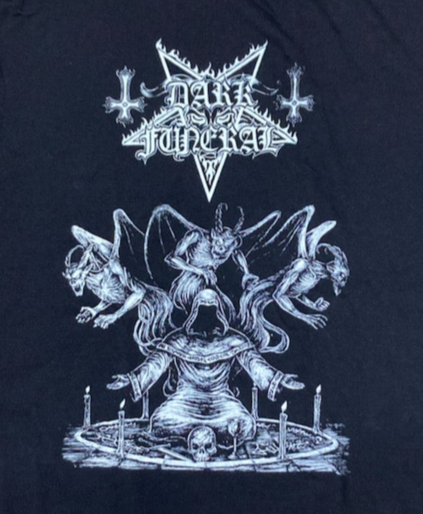 Black “Dark Funeral” T-shirt featuring the band’s logo and Baphomet artwork in detailed silkscreen print.