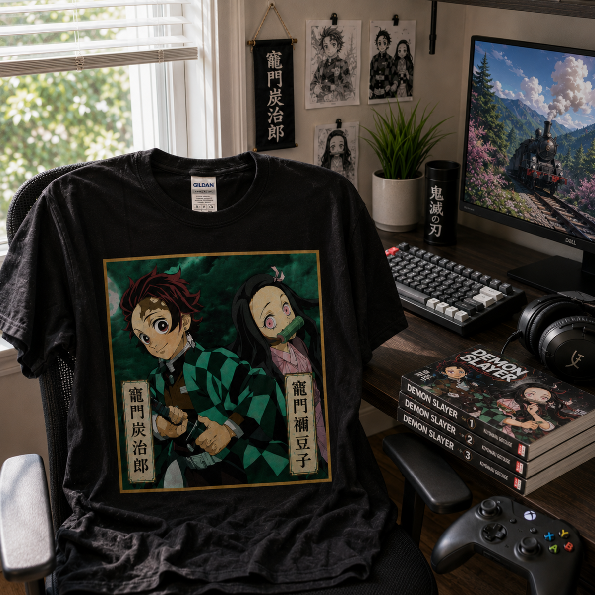 Demon Slayer Tanjiro and Nezuko Kamado black graphic T-shirt displayed at an anime gaming setup with manga and gaming gear, showing off the bold character artwork for Demon Slayer fans.