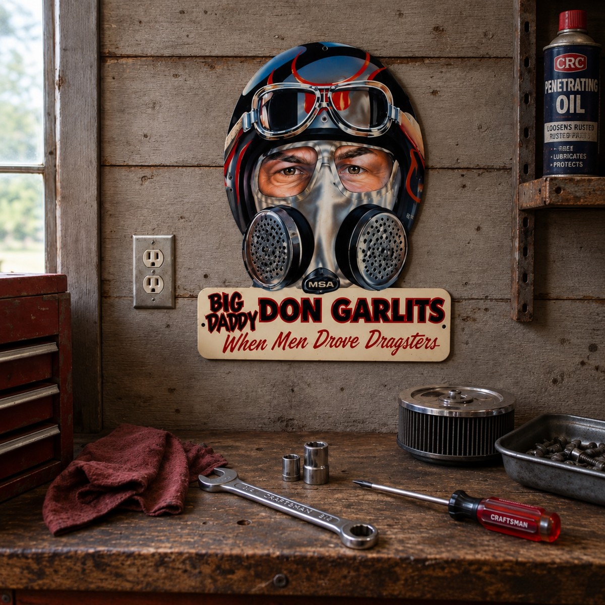 Don “Big Daddy” Garlits When Men Drove Dragsters steel sign displayed above a garage workbench with drag racing memorabilia.