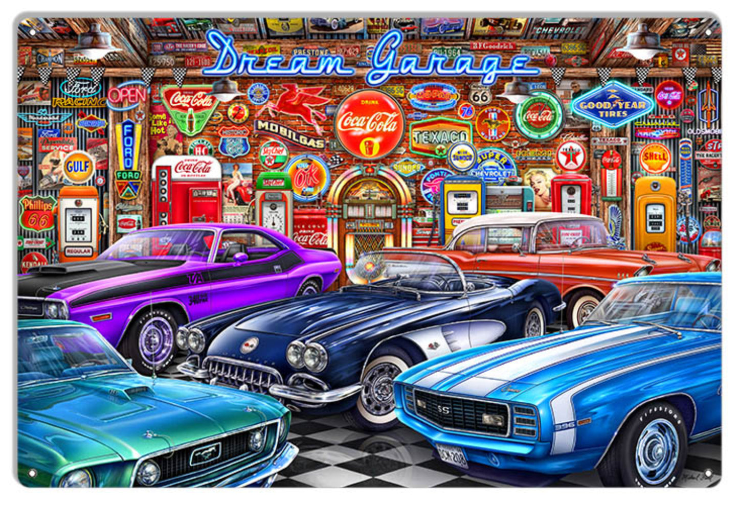 “Dream Garage” metal sign by artist Michael Fishel featuring classic muscle cars and vintage service station signs in a colorful automotive scene.