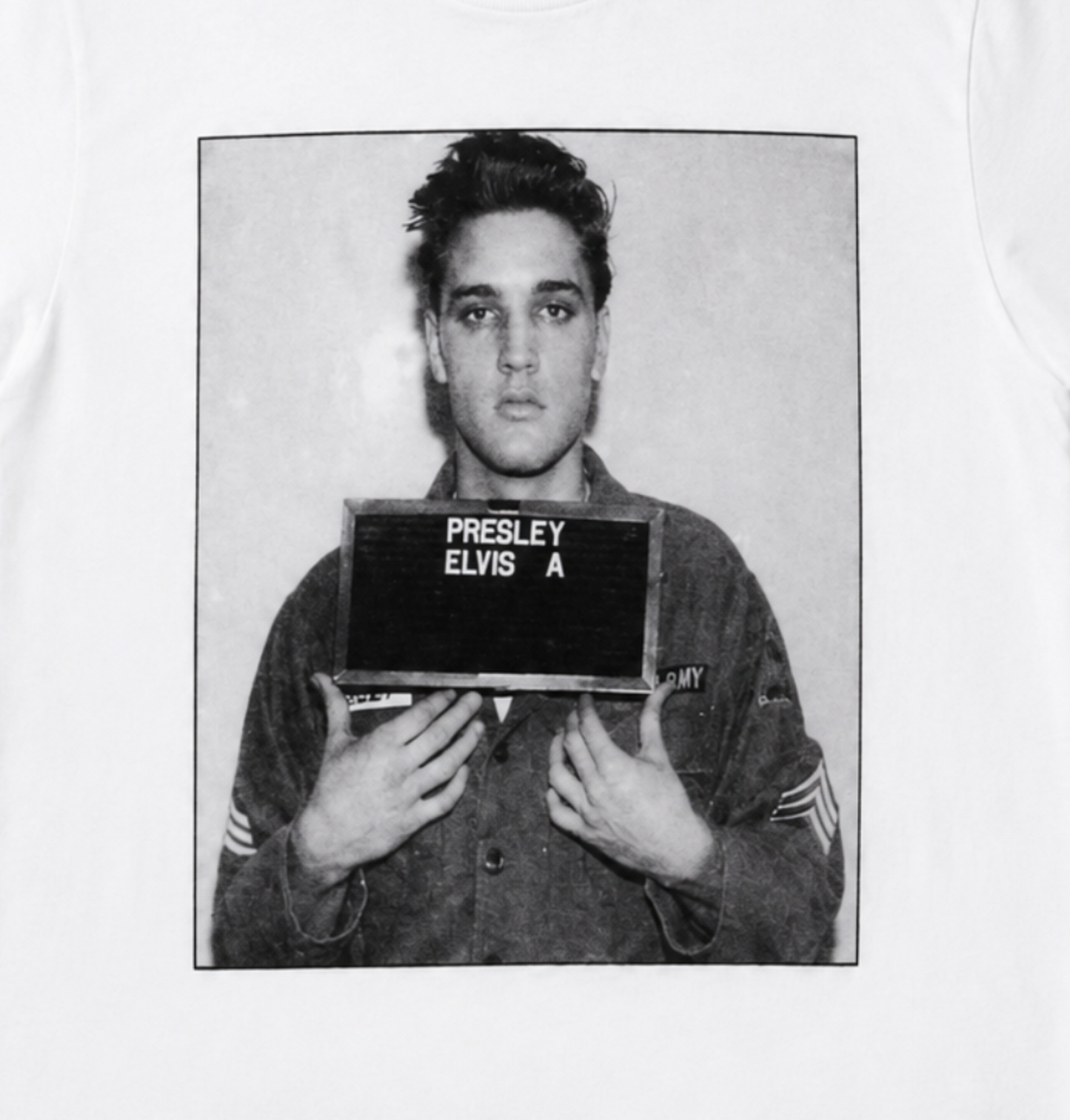 Elvis Presley military portrait graphic T-shirt with 1958 Army image on white shirt unisex sizes S–2XL