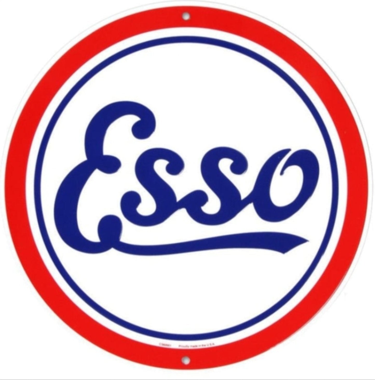 Esso embossed aluminum round metal sign featuring the classic red, blue, and white Esso gas and oil logo, available in 12 inch and 24 inch diameter.