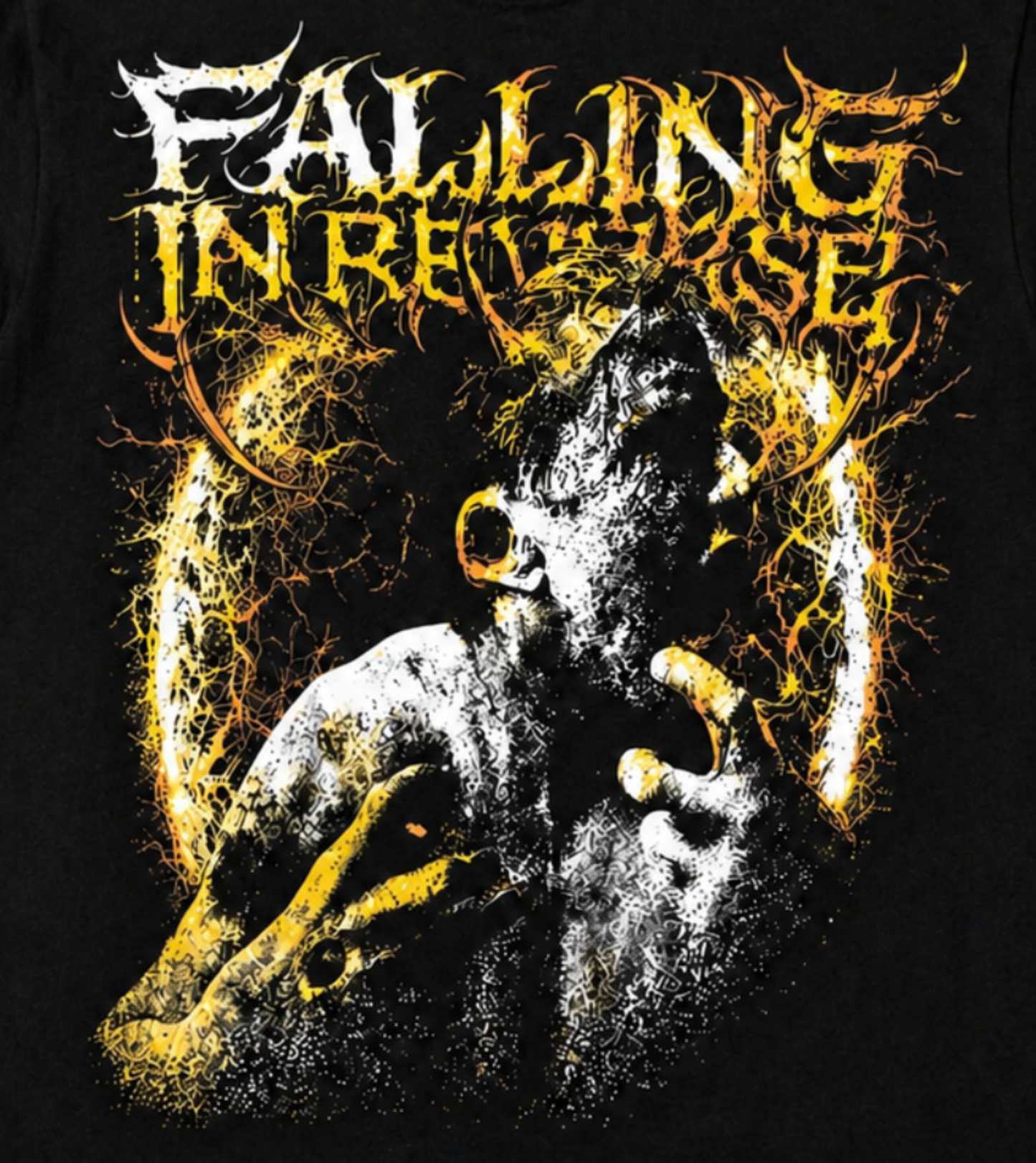 Falling In Reverse screaming face band T-shirt black white yellow design unisex sizes S–2XL