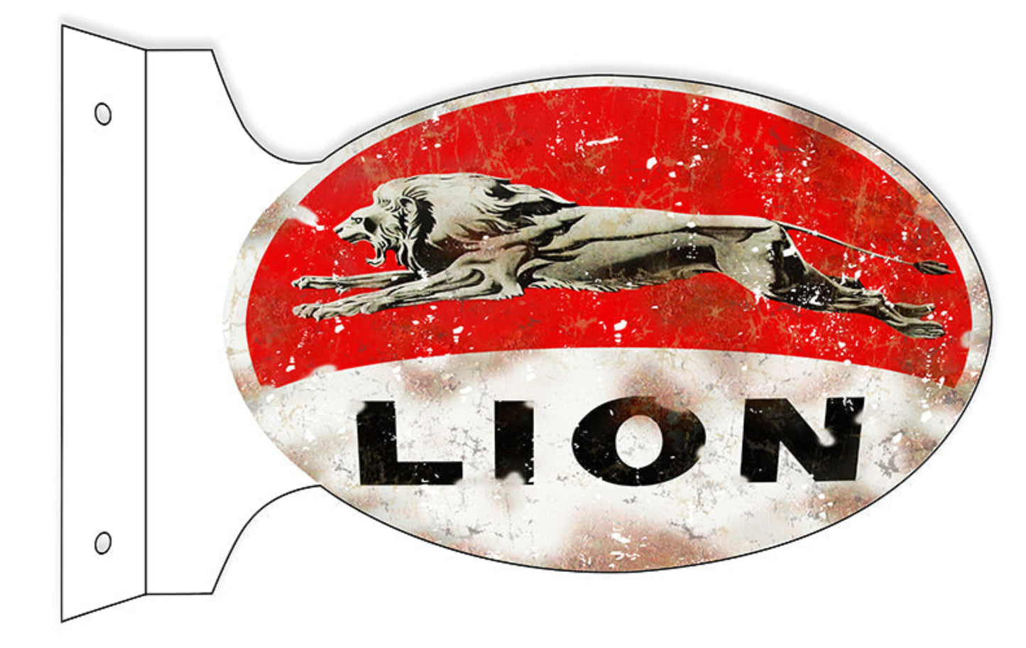 Vintage-style “Lion Motor Oil” double-sided metal flange sign with aged distressed finish and classic gas station logo design.