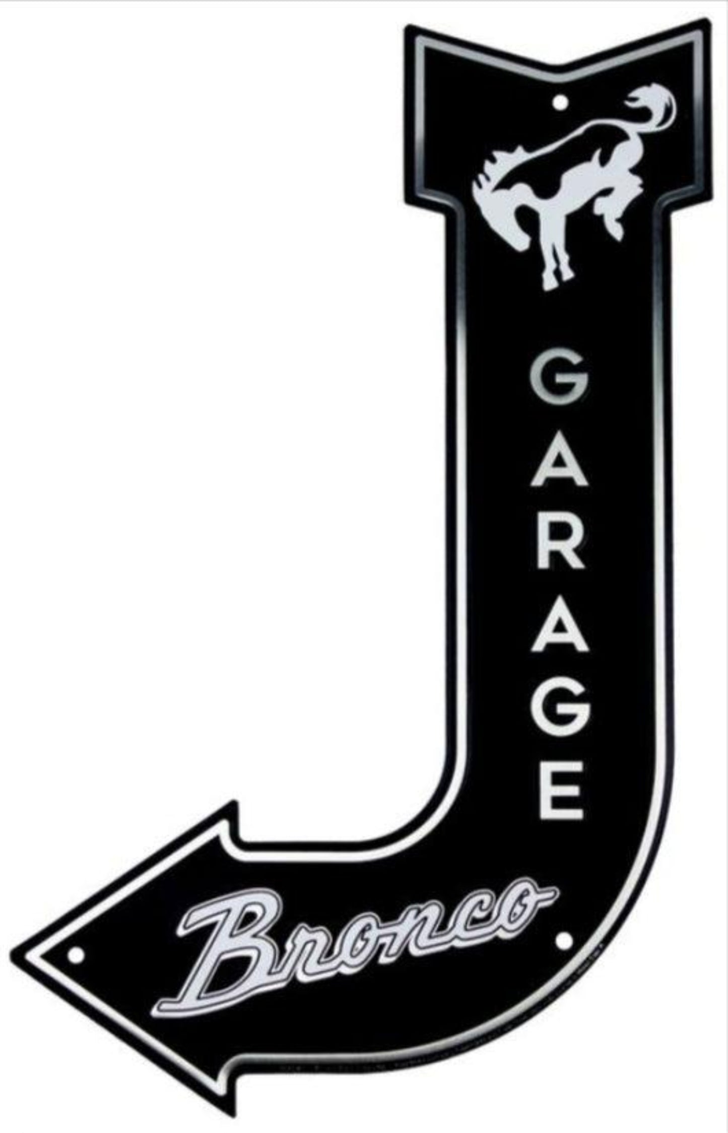 Ford Bronco embossed aluminum garage bent arrow sign featuring bucking Bronco emblem, 17.5 inch height by 11.5 inch width.