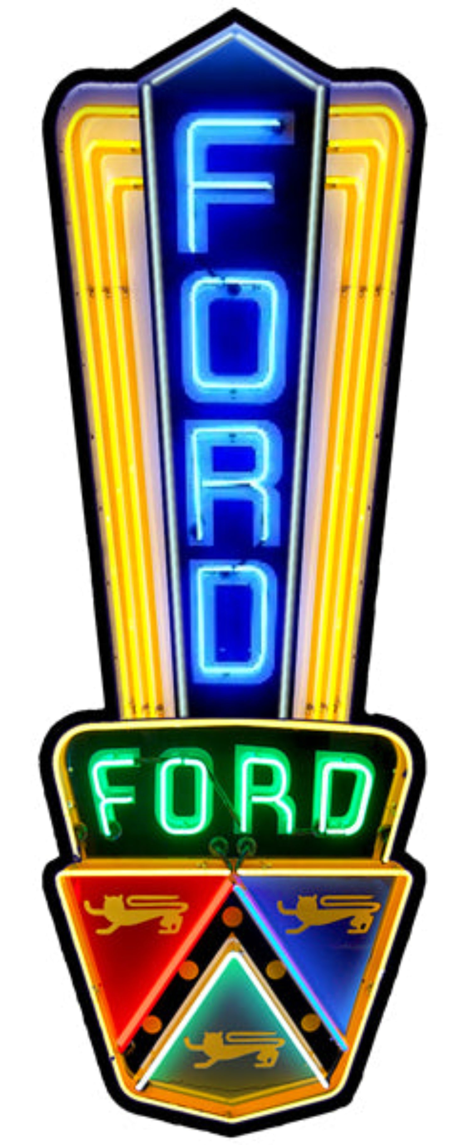 Ford Jubilee Crest metal sign by Michael Fishel with vintage dealership neon-style design, 24″H × 9.5″W aluminum.