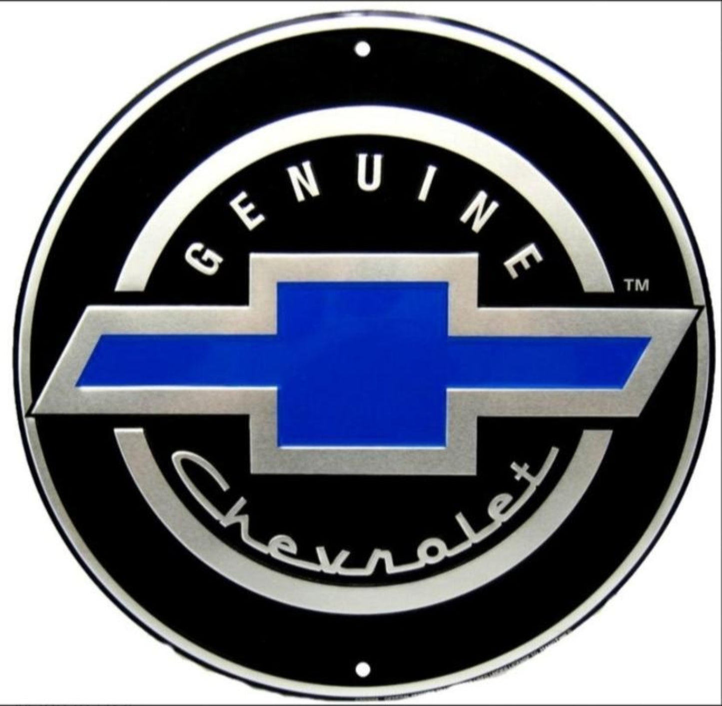 Genuine Chevrolet bowtie embossed round aluminum sign featuring the classic blue bowtie emblem, available in 12 inch and 24 inch diameter, ideal for garage décor.