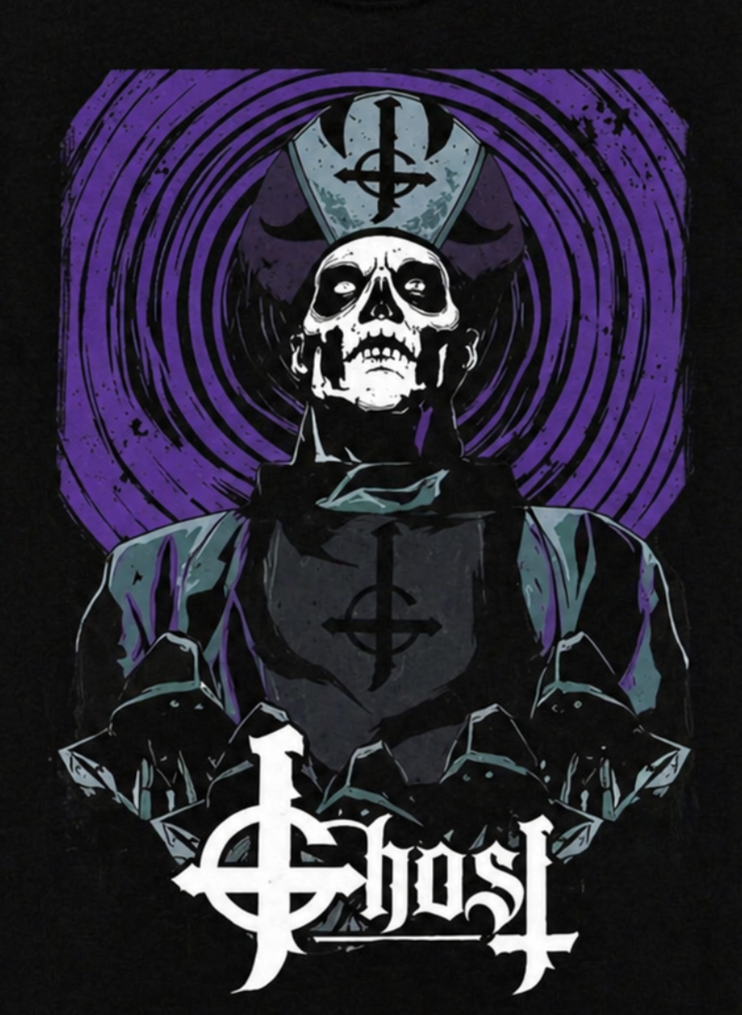 Ghost Papa Emeritus III Cathedral graphic T-shirt with purple spiral cathedral background on black shirt unisex sizes S–3XL