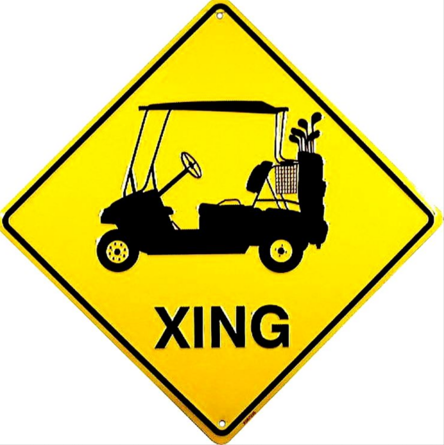 Golf cart crossing warning embossed aluminum sign in yellow and black, 12" Diameter.