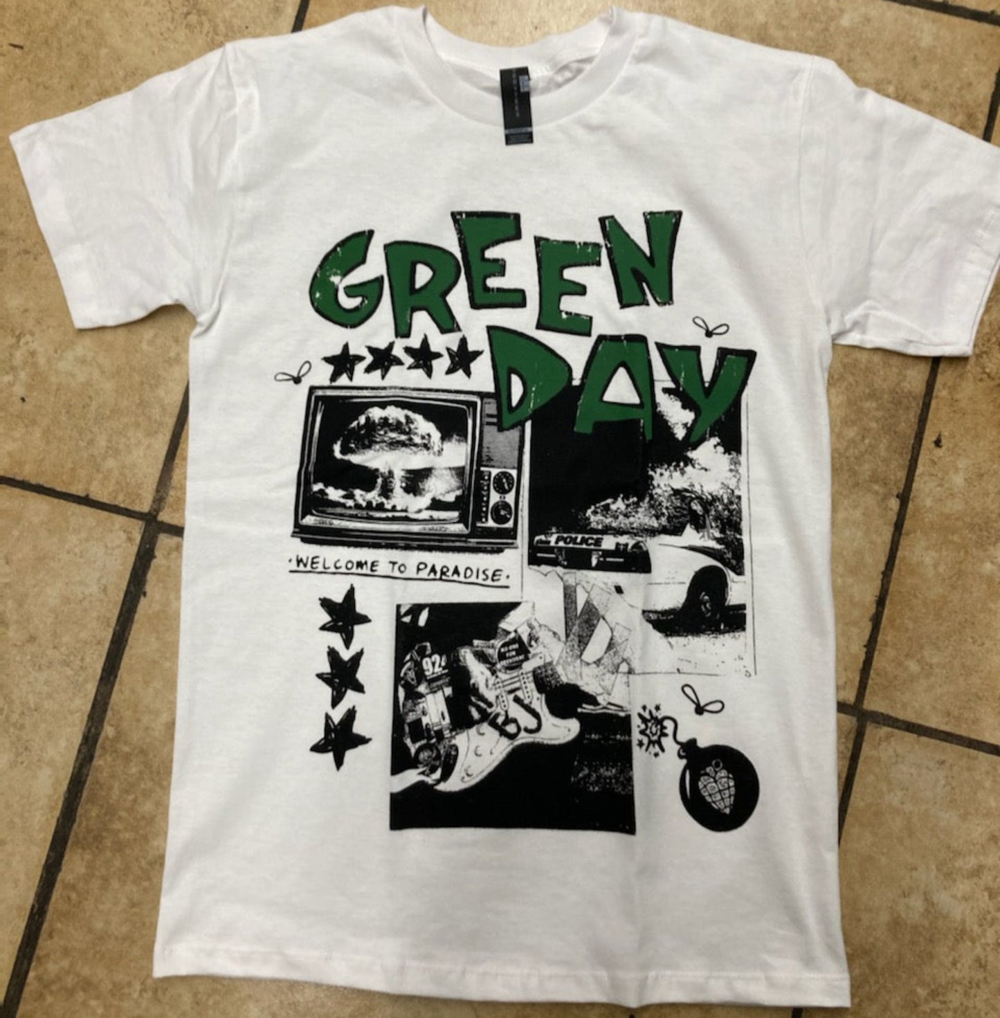 White Green Day “Welcome to Paradise” t-shirt with black and green silkscreen print featuring collage artwork