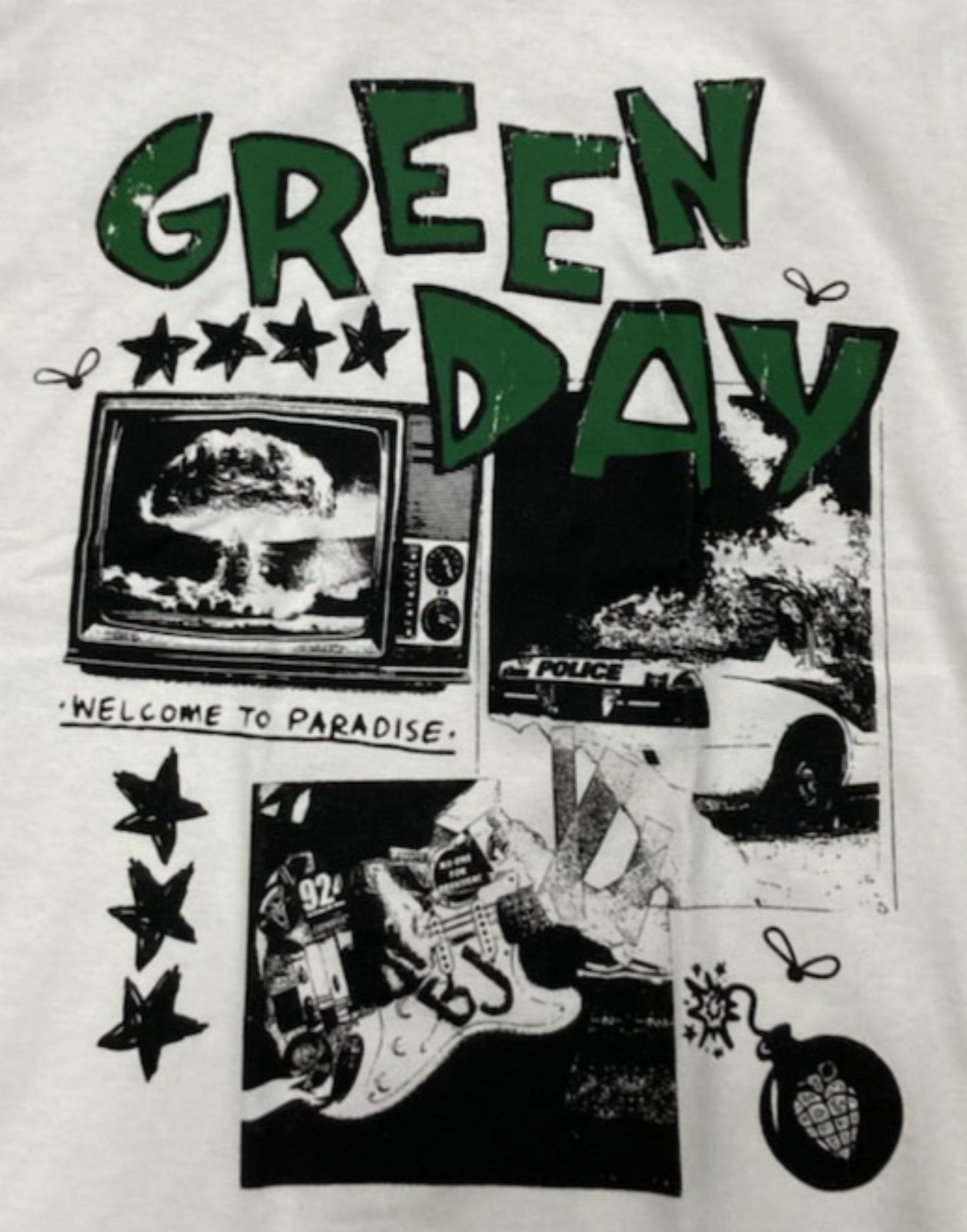 White Green Day “Welcome to Paradise” t-shirt with black and green silkscreen print featuring collage artwork