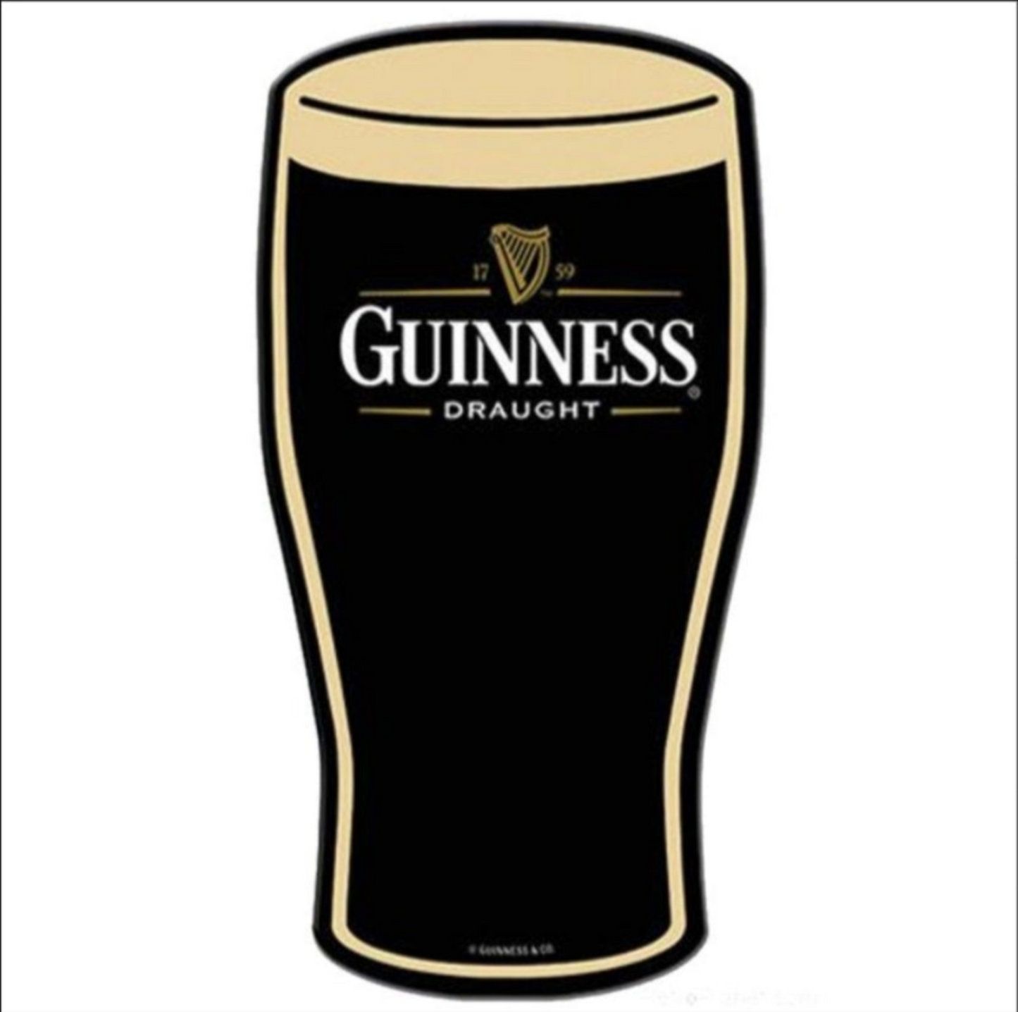 Guinness pint glass embossed aluminum sign in a tall silhouette design, 18 inch by 9 inch size.