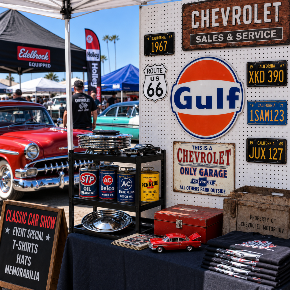 Gulf Gas & Oil embossed round aluminum sign displayed in an automotive vendor booth surrounded by Chevrolet signs, oil cans, license plates, and garage collectibles.