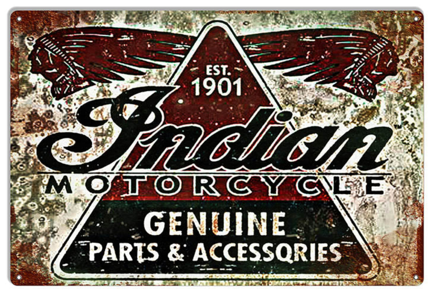 Indian Motorcycle Genuine Parts & Accessories vintage aluminum metal sign featuring the classic winged logo, distressed graphics, and Est. 1901 branding.