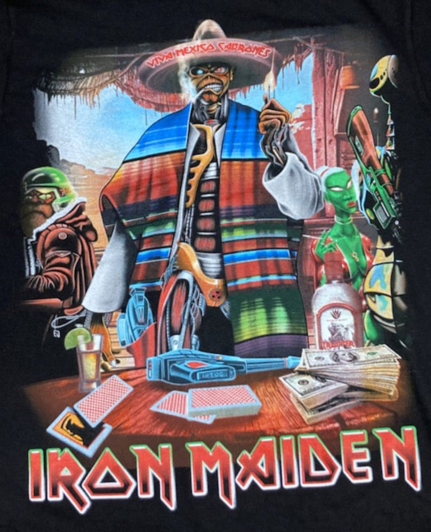 Black “Iron Maiden – Mexican Eddie” T-shirt featuring Eddie in a sombrero and serape with the phrase “Viva Mexico Cabrones.”