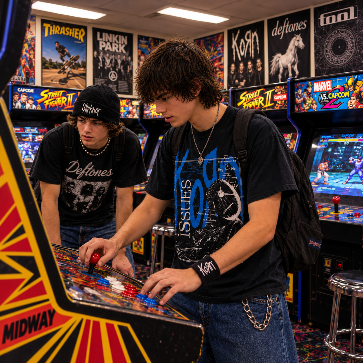 Man wearing the black Issues graphic T-shirt while playing an arcade game, featuring the large blue ISSUES lettering and illustrated front design.