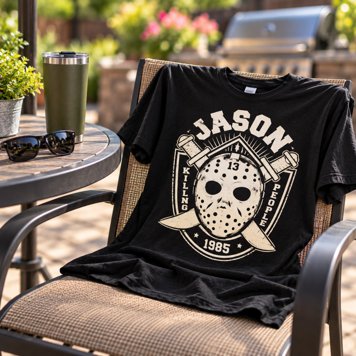 Jason Voorhees Killing People Since 1985 black graphic T-shirt displayed over an outdoor patio chair, featuring the hockey mask and crossed machete design.
