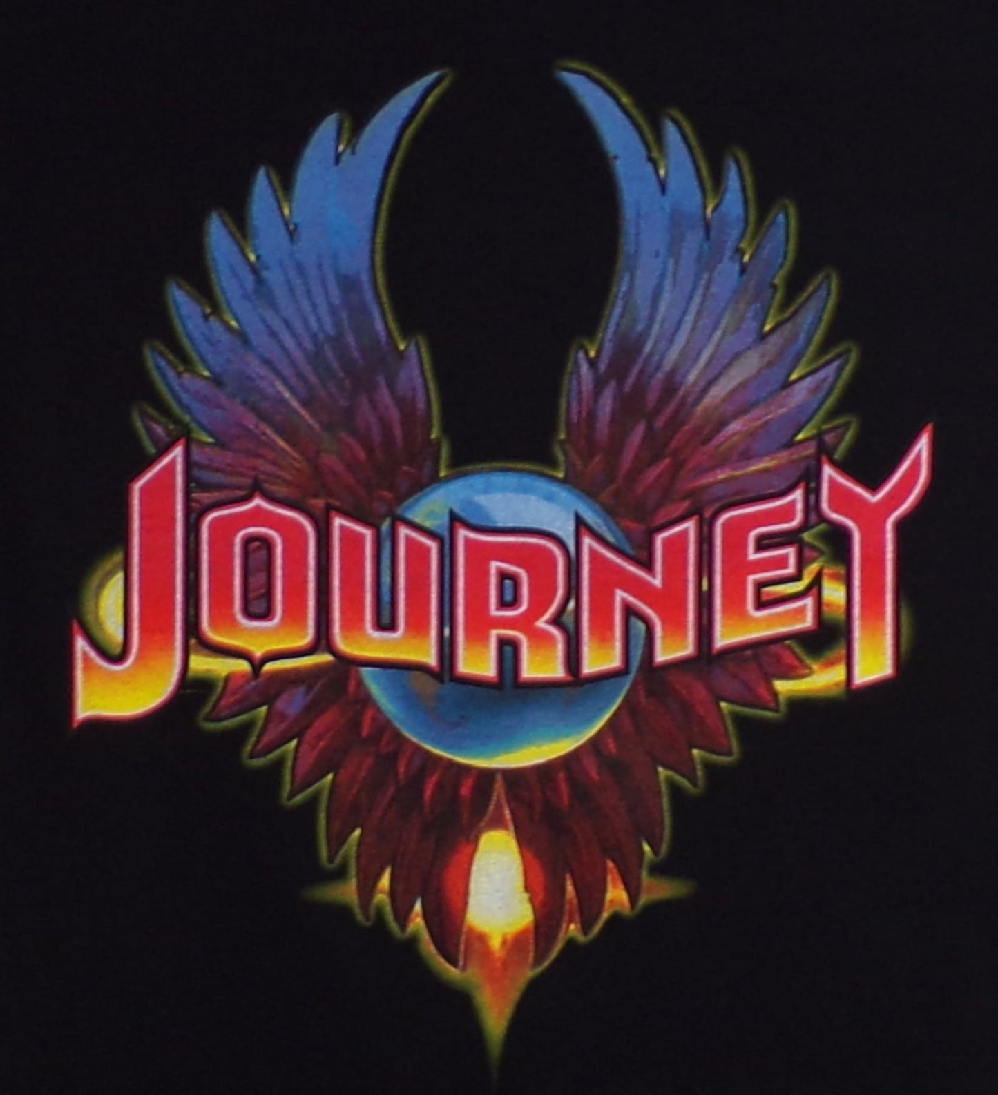 Black “Journey – Eagle Wings” T-shirt featuring the band’s iconic winged logo in bright, colorful silkscreen print.
